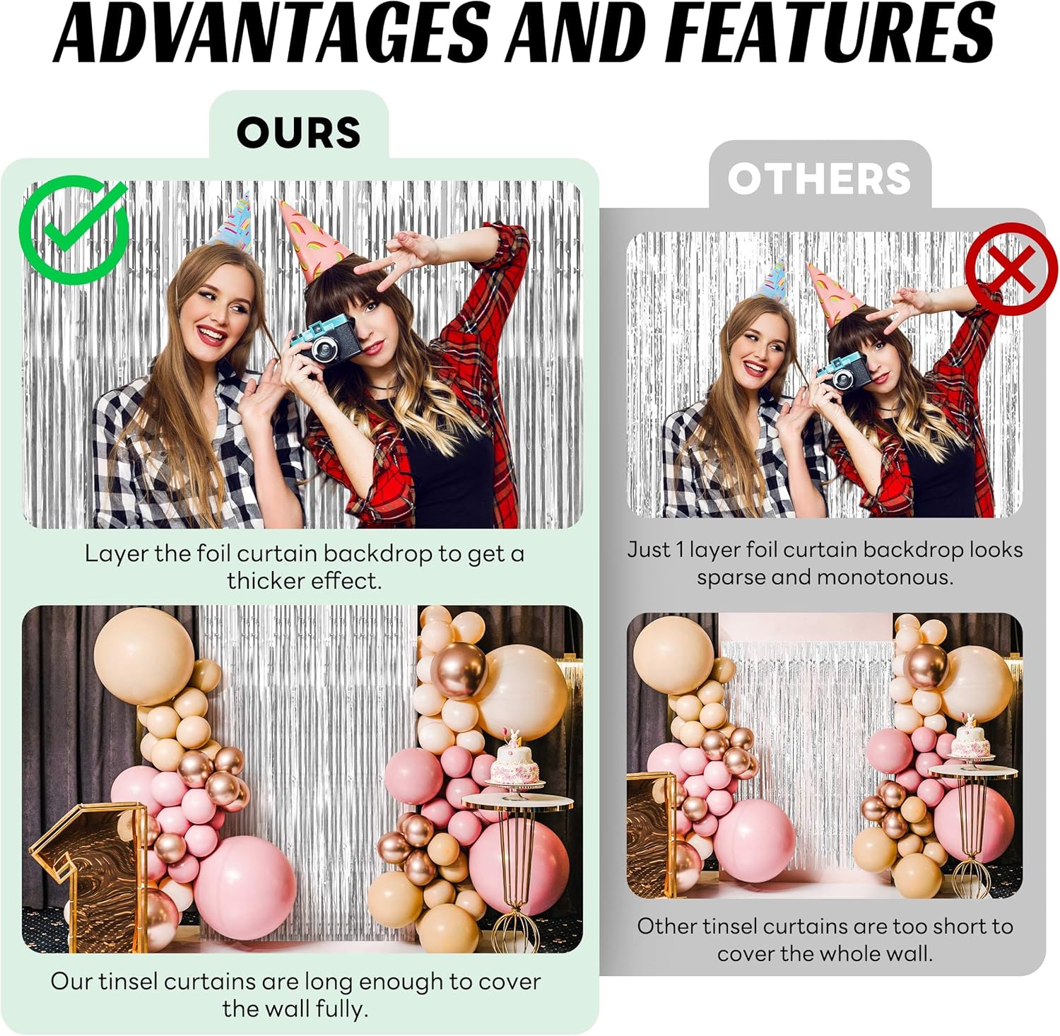 BTSD-home Bundle of Iridescent Party Decorations and 10 Pack Silver Foil Fringe Curtain and 10 Pack Laser Silver Foil Fringe Curtain for Wedding Birthday Party Decorations