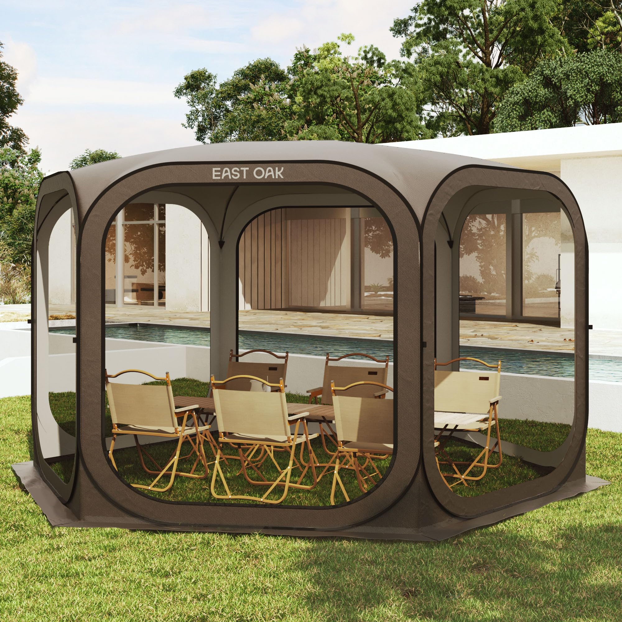 East Oak Screen House Tent Pop-Up, Portable Screen Room Canopy Instant Screen Tent 12 x 12 FT with Carry Bag for Patio, Backyard, Deck &amp; Outdoor Activities, Brown