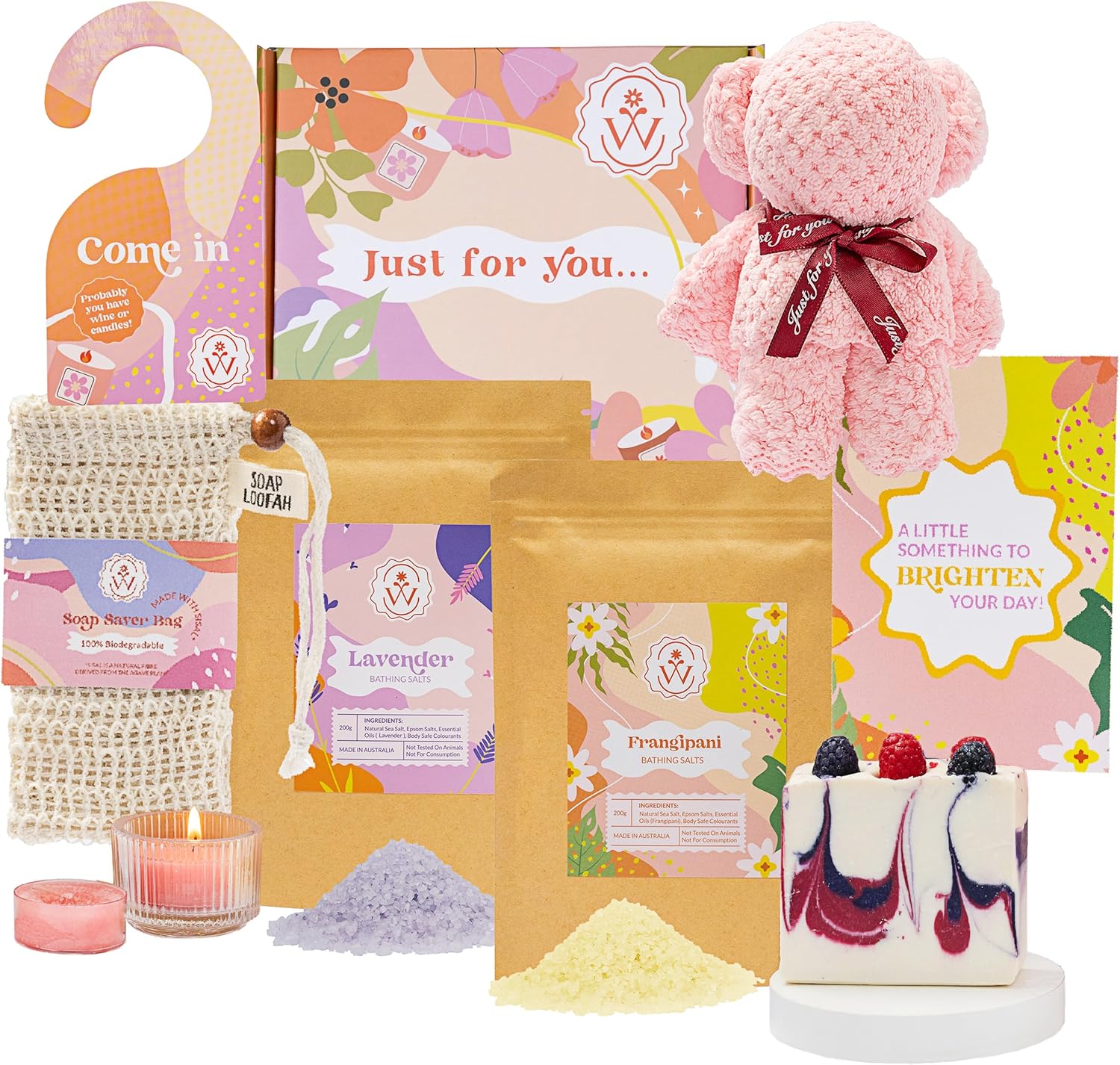 Gifts for women. Australian made bath and body spa set with artisan soap,bath salts & tealight