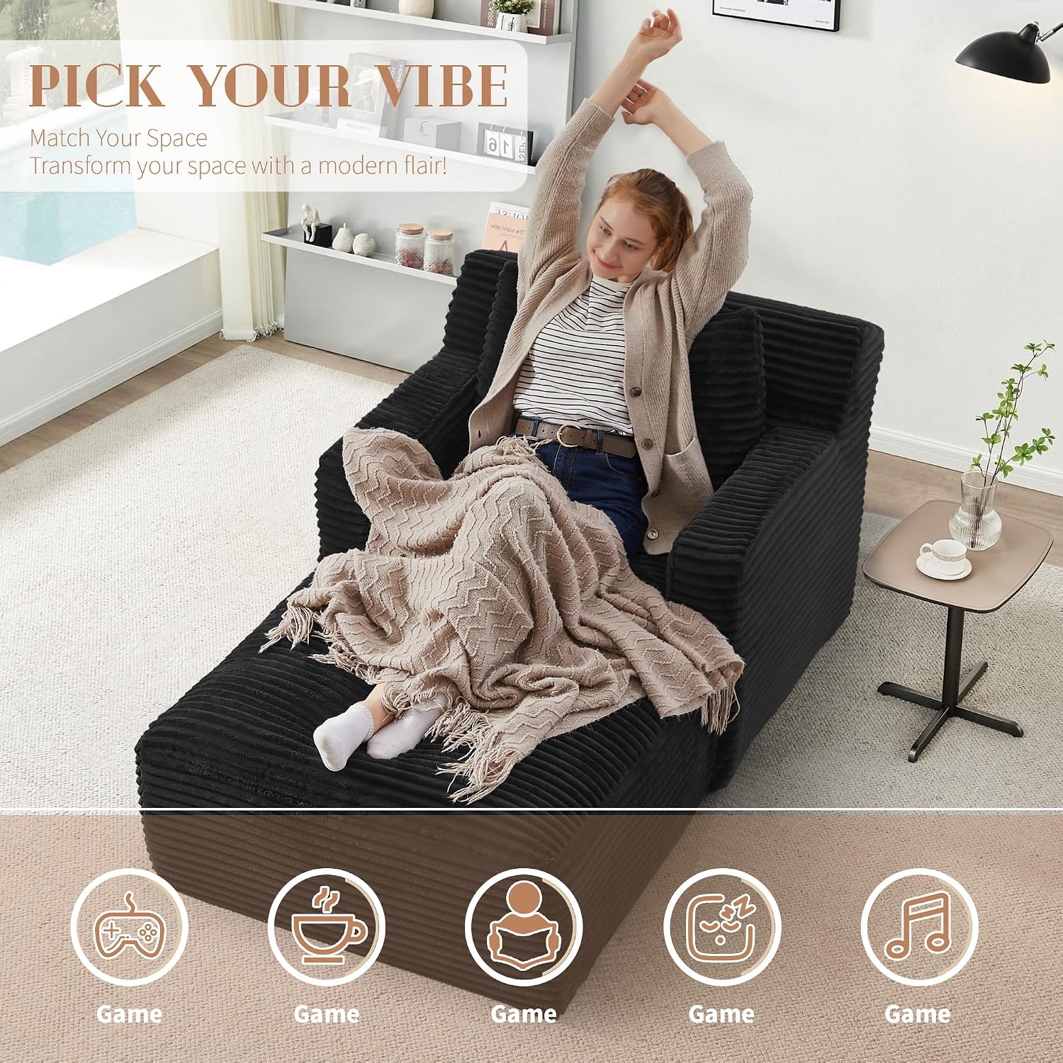 Boneless Chaise Lounge, Comfy Fluffy Cloud Couch with 3 Pillows, Modern Deep Seat Sofa,Single Sleeper Sofa Chair for Living Room, Bedroom, No Assembly Required (Black, 40" Single Chaise Lounges)