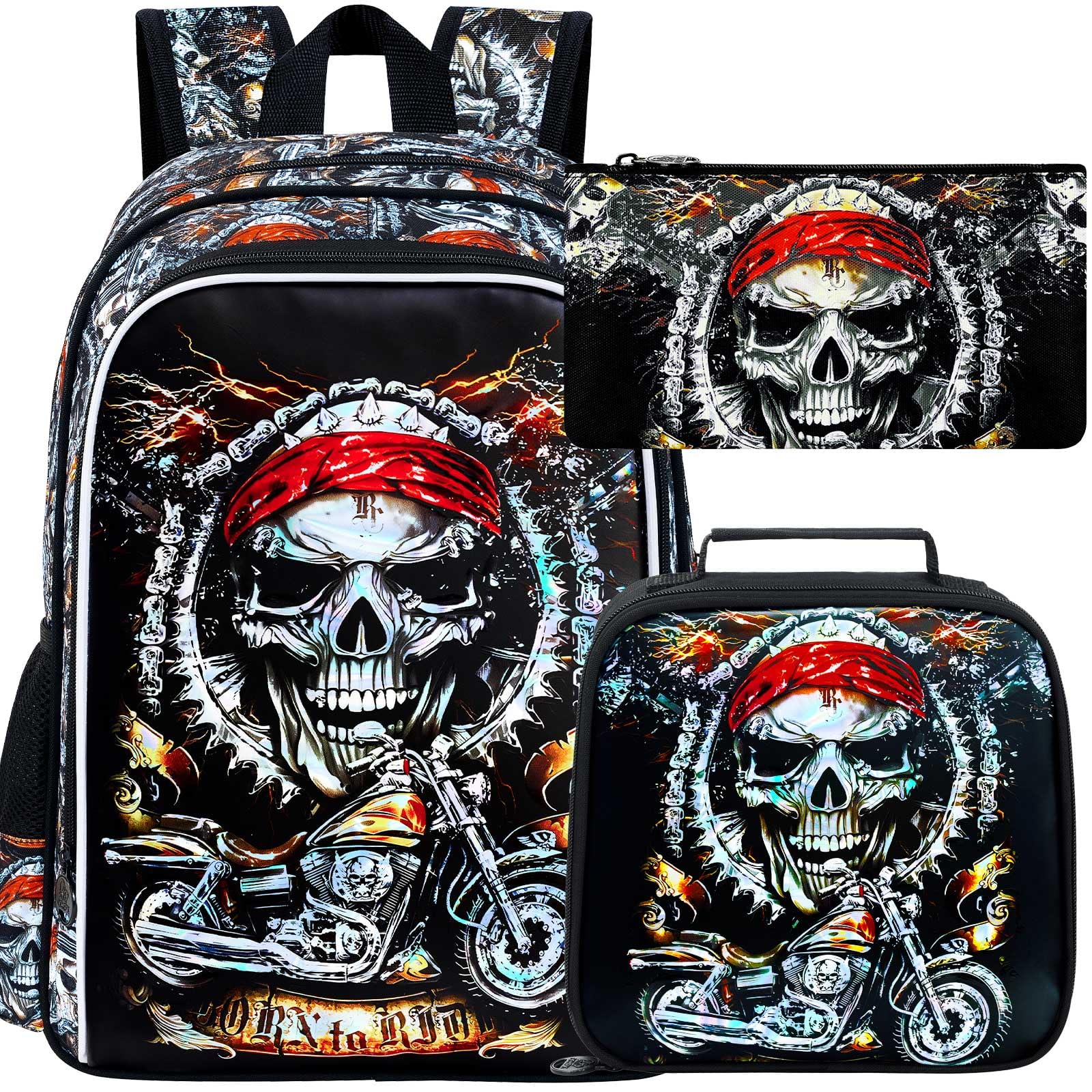 UFNDC 3PCS Boys Motorcycle Backpack, Kids Skeleton Bookbag with Lunch Box, 17" Water Resistant School Bag for Teenagers Elementary Middle