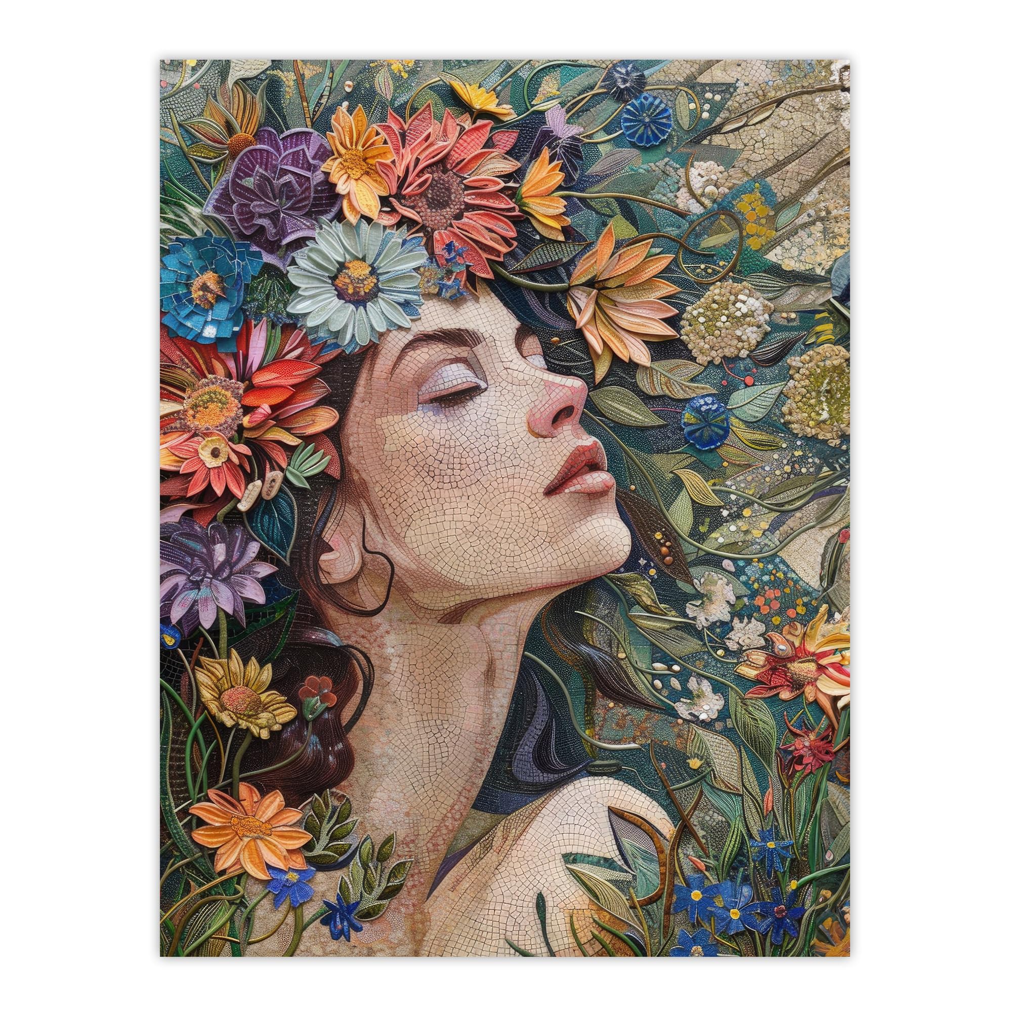 Artery8 Woman Boho Portrait in Spring Flowers Mosaic For Living Room Extra Large XL Wall Art Poster Print