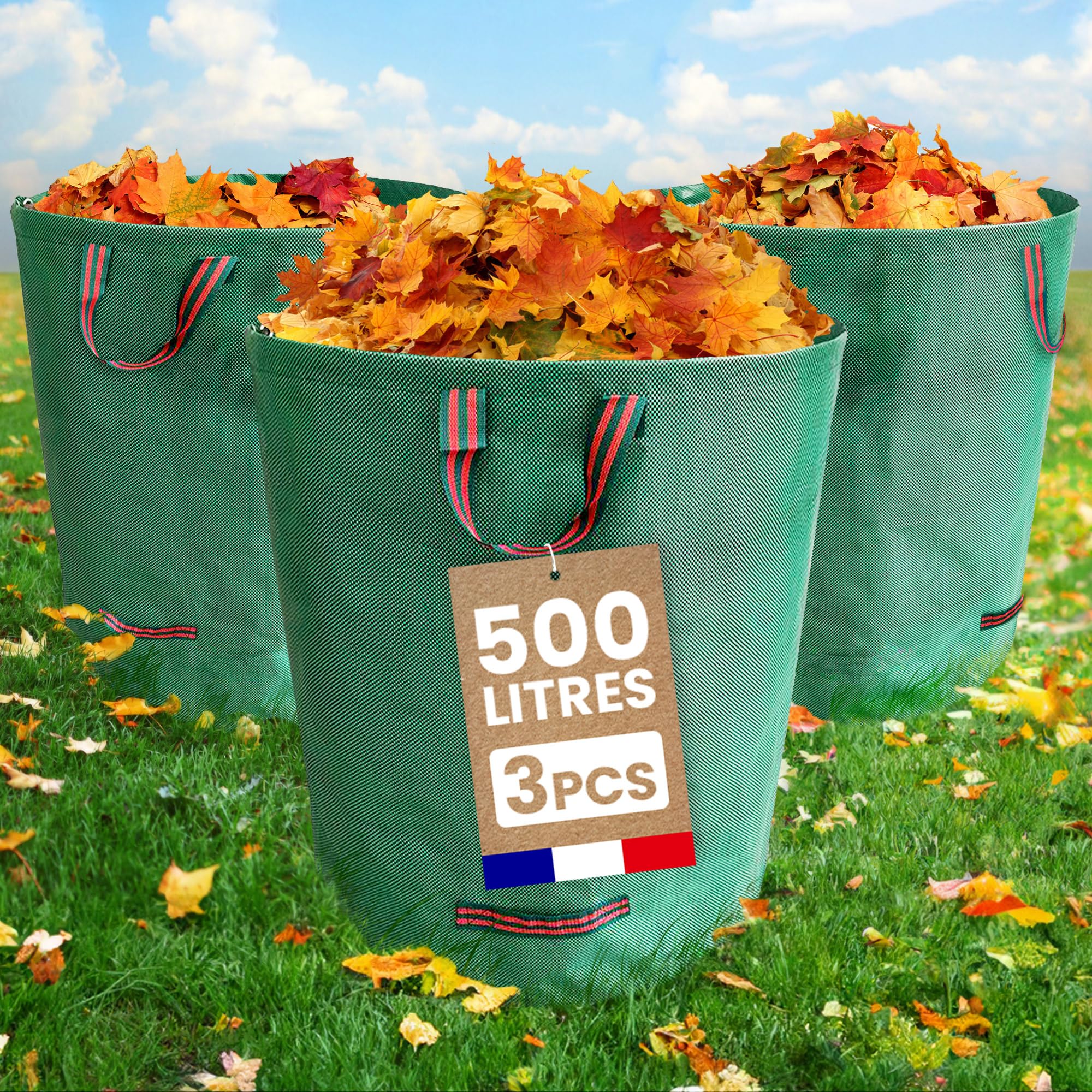 SKYLANTERN Lot de 3 * 500L Sacs de Déchets Jardin Résistants en Polypropylène – Sacs Poubelle Extérieurs avec 3 Poignées Renforcées pour Déchets Végétaux – Utile pour Déchets et Recyclage