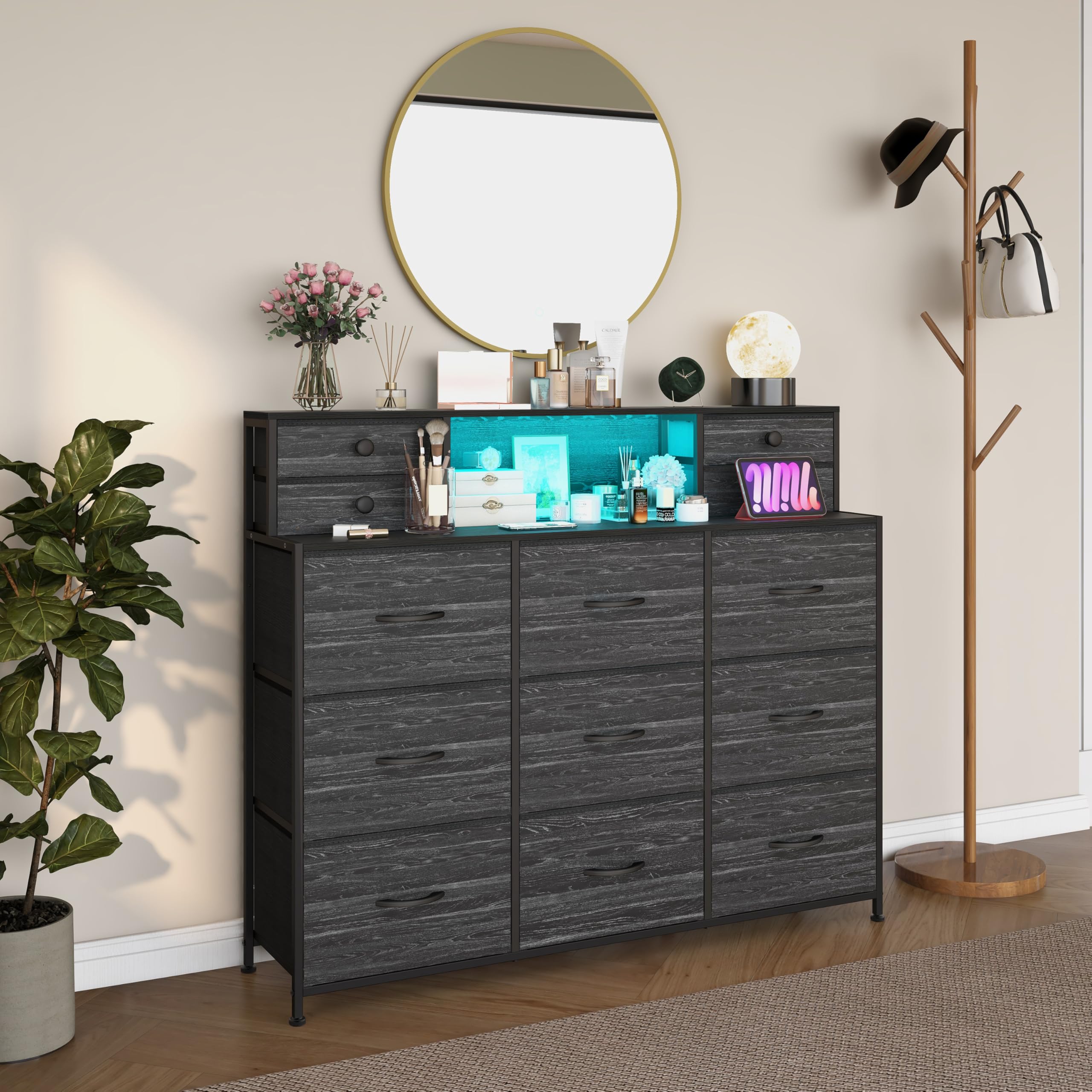 Welfuturer Black Dresser with Charging Station and LED Lights 13 Drawers Dressers for Bedroom Long Dressers & Chests of Drawers for Living Room Hallway Entryway Closets Sturdy Frame Wood Top image_2
