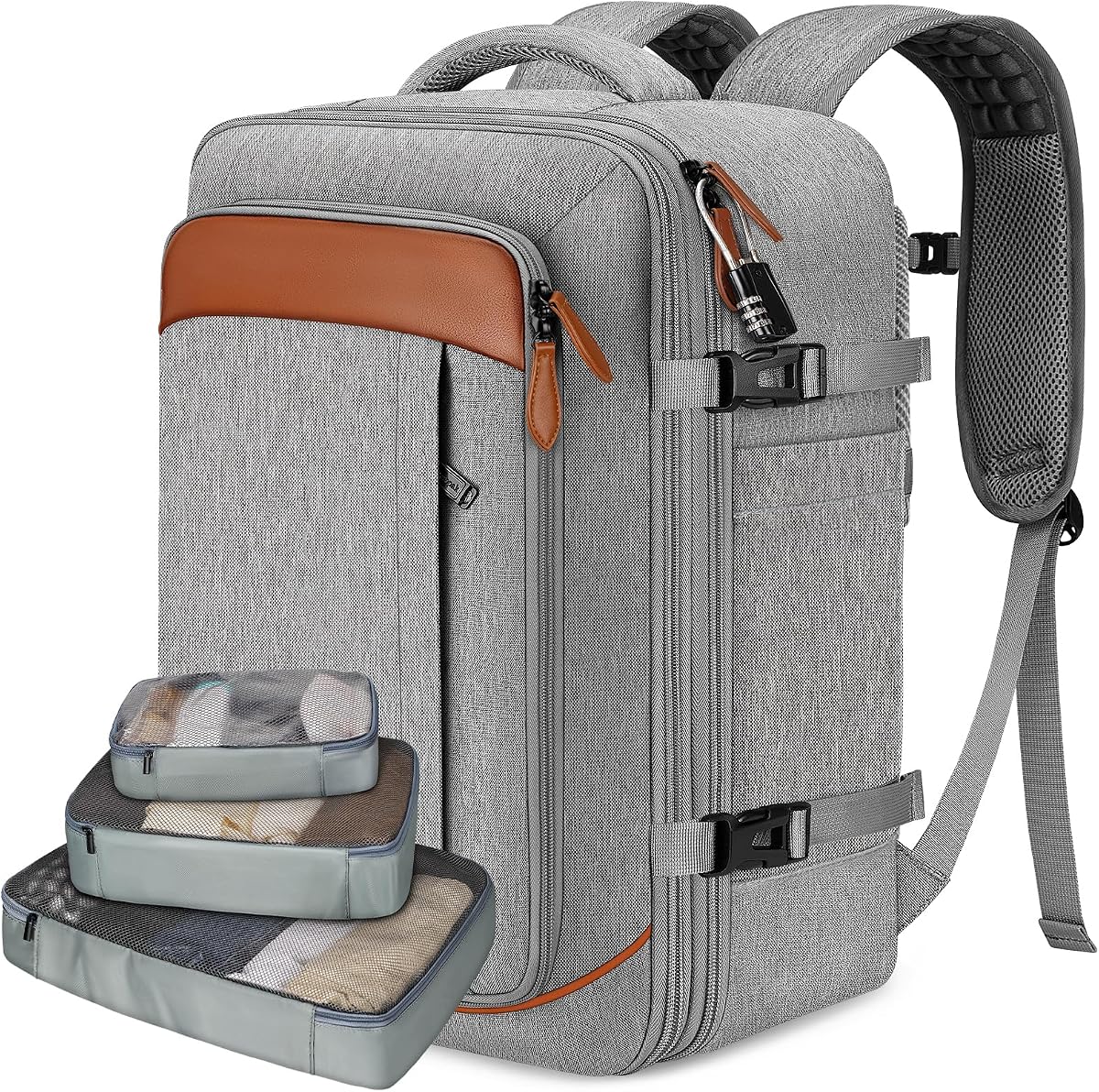 Mochila de transporte Vancropak para aviones, mochila de viaje aprobada para vuelos | 3 cubos de embalaje, maleta de equipaje expandible de 40 litros para portátil de 17,3", compartimento para zapatos, bolsa de transporte con cerradura, mochila de viaje