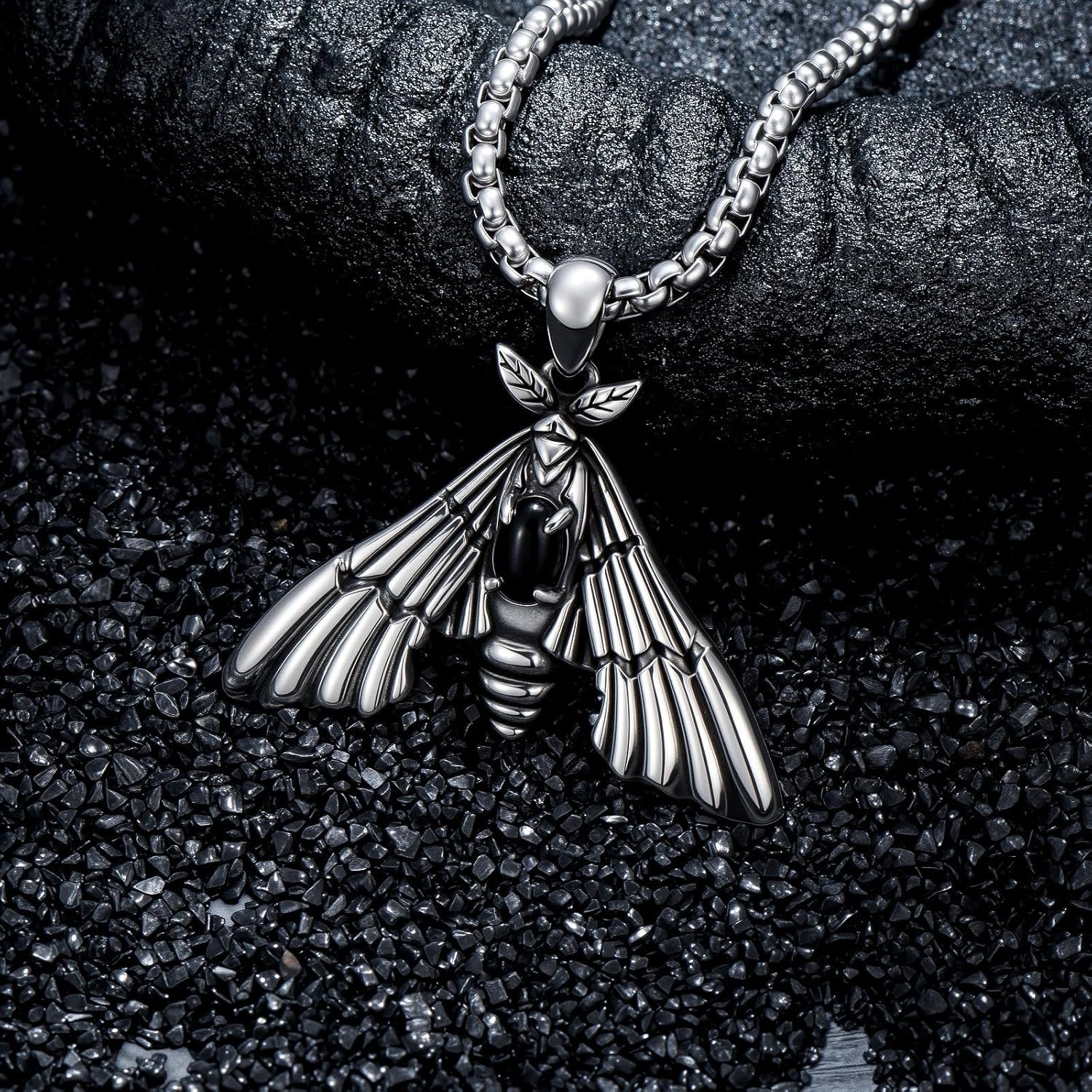 Moth Necklace 925 Sterling Silver Obsidian Death Moth Pendant Gothic Halloween Jewelry for Men Women - Image 4