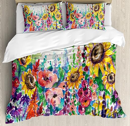 Ambesonne Juego de funda de edredón floral, diseño floral de flores silvestres en campo Lansdcape coloridas flores, juego de ropa de cama decorativo