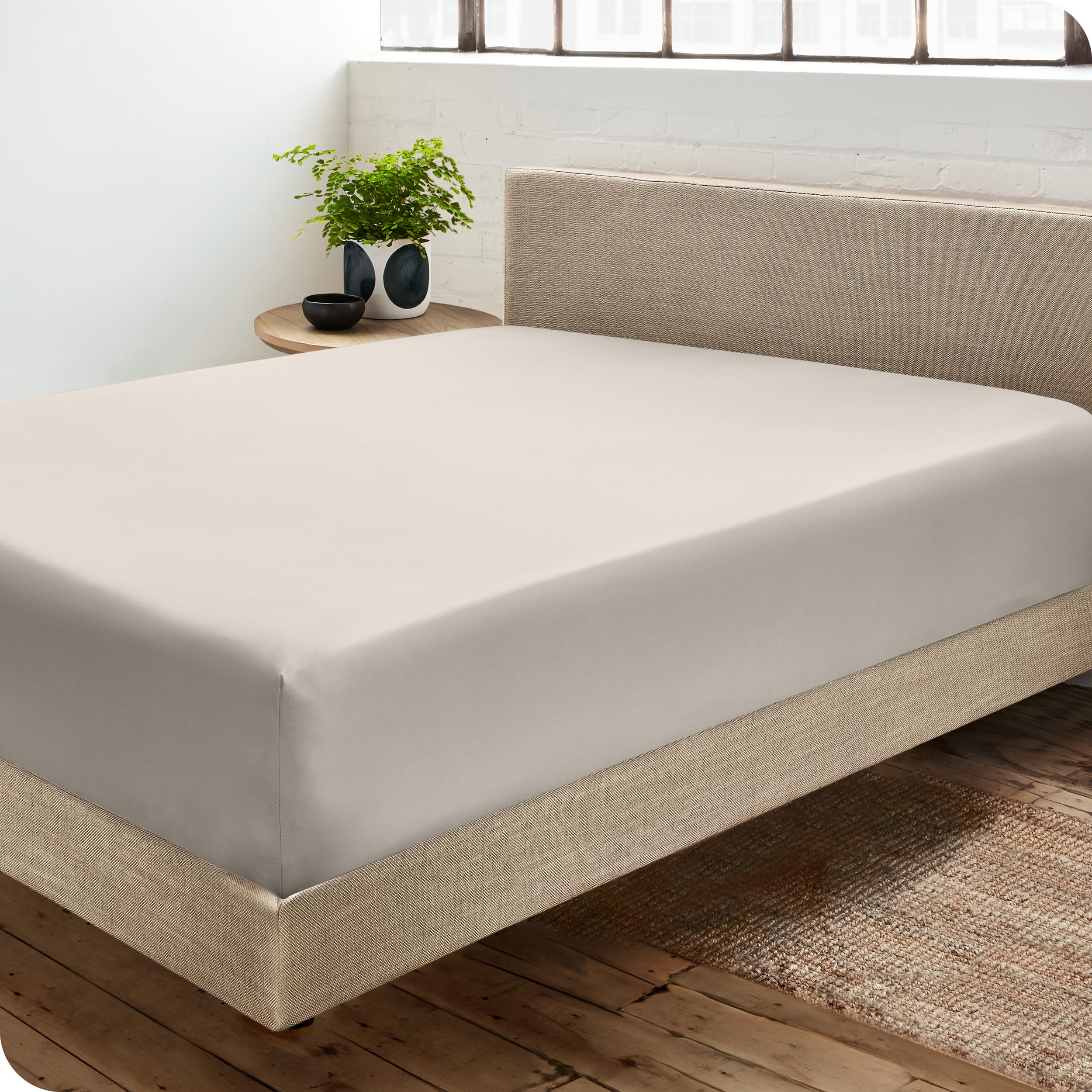 Bare Home 100% Organic Cotton Sateen Fitted Sheet - Smooth Sateen Weave - Breathable & Cooling - Hotel Luxury - Durable Fitted Sheet - Deep Pocket, Fitted Bed Sheet (King, French Beige)