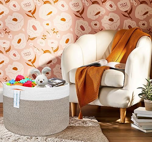 Miniatura 7 de LANGYASHAN Cesta decorativa grande de cuerda tejida para sala de estar, juguetes, sofá, mantas de almacenamiento o cuarto de bebé, cesta redonda