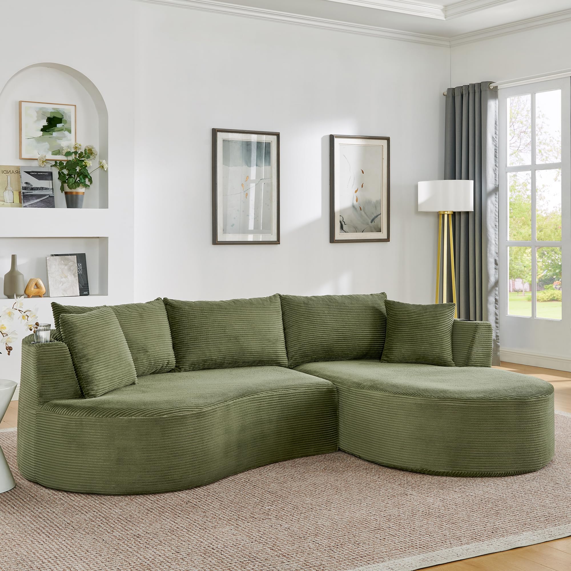 Muskel 3-Sitzer Kompressionssofa,Rechte Chaiselongue+2-Sitzer, Bogenförmiges Design, weicher Kordstoff, mit Getränkehalter und Kissen, vakuumverpackt, für Wohnzimmer, Hotel, Apartment und Büro,Green