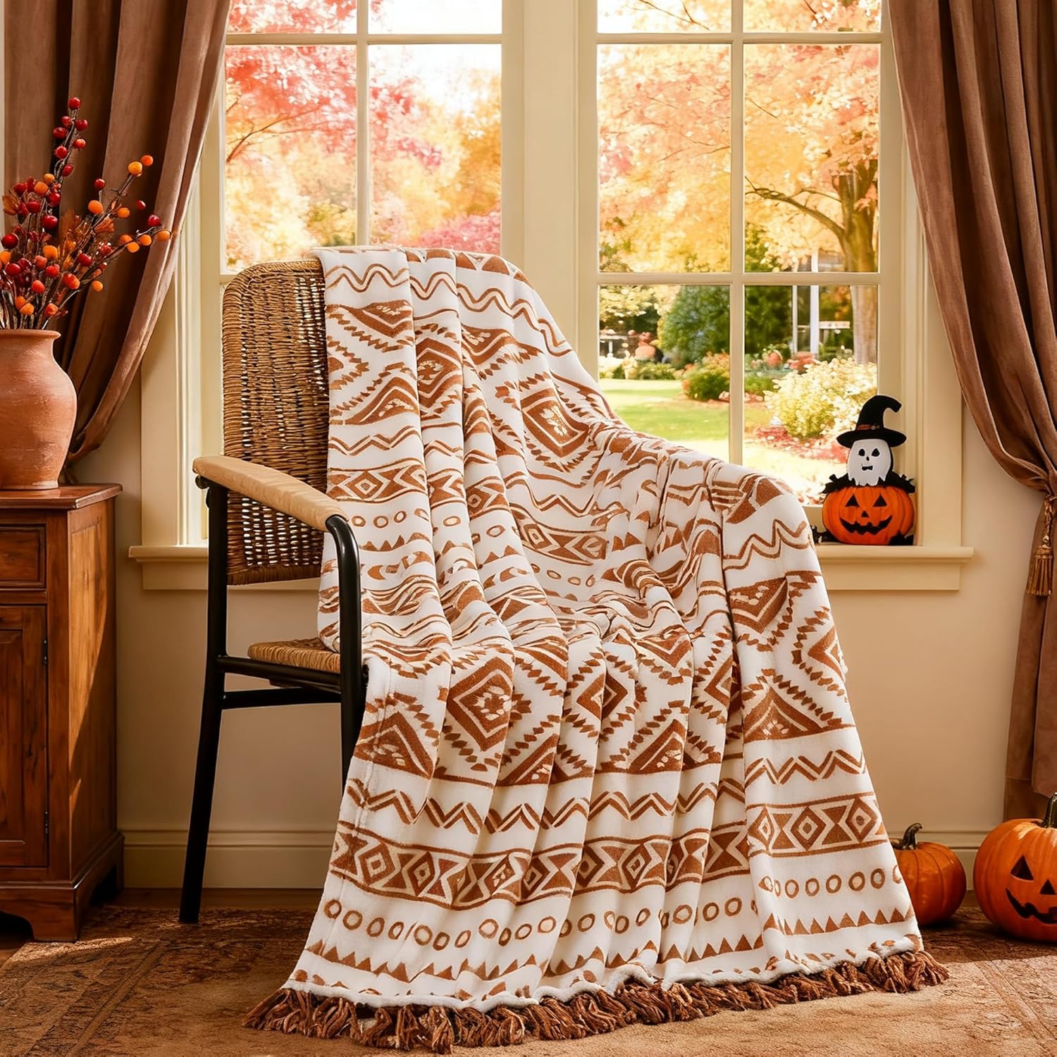 CASAAGUSTO Boho Throw Blanket - Terrcotta Decorative Blankets with Tassel, Printed Flannel Bohemian Blanket for Chair, Bed, Sofa, Couch(90 * 90, Terrcotta)