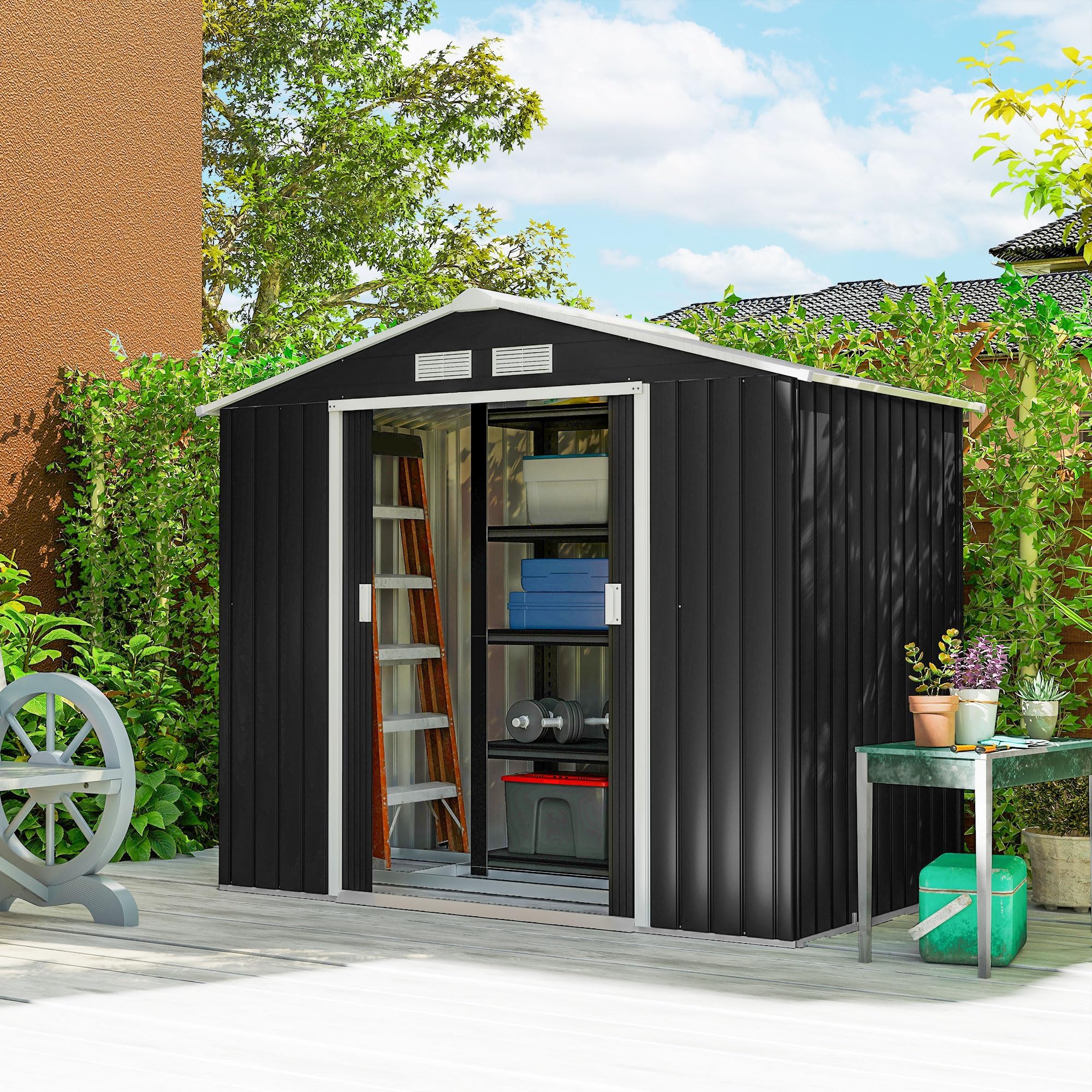 Outsunny 7' x 4' Outdoor Storage Shed, Garden Tool Metal Shed with Foundation Kit, Double Lockable Door, Air Vents and Sloping Roof, for Backyard, Patio, Lawn, Dark Gray