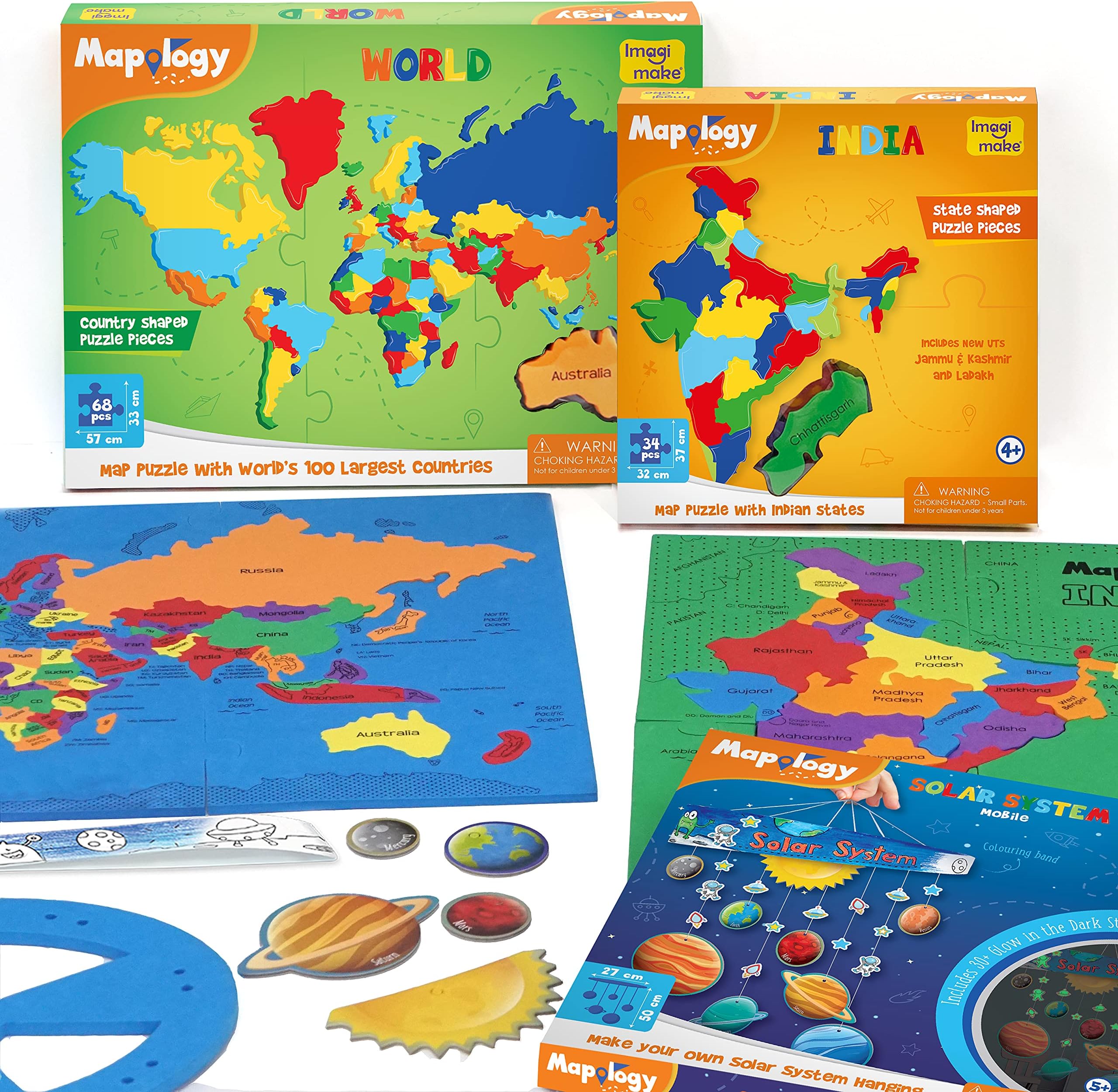 Mapology Combo: India & World Map Puzzle and Solar System Mobile - DIY Hanging Craft Kit
