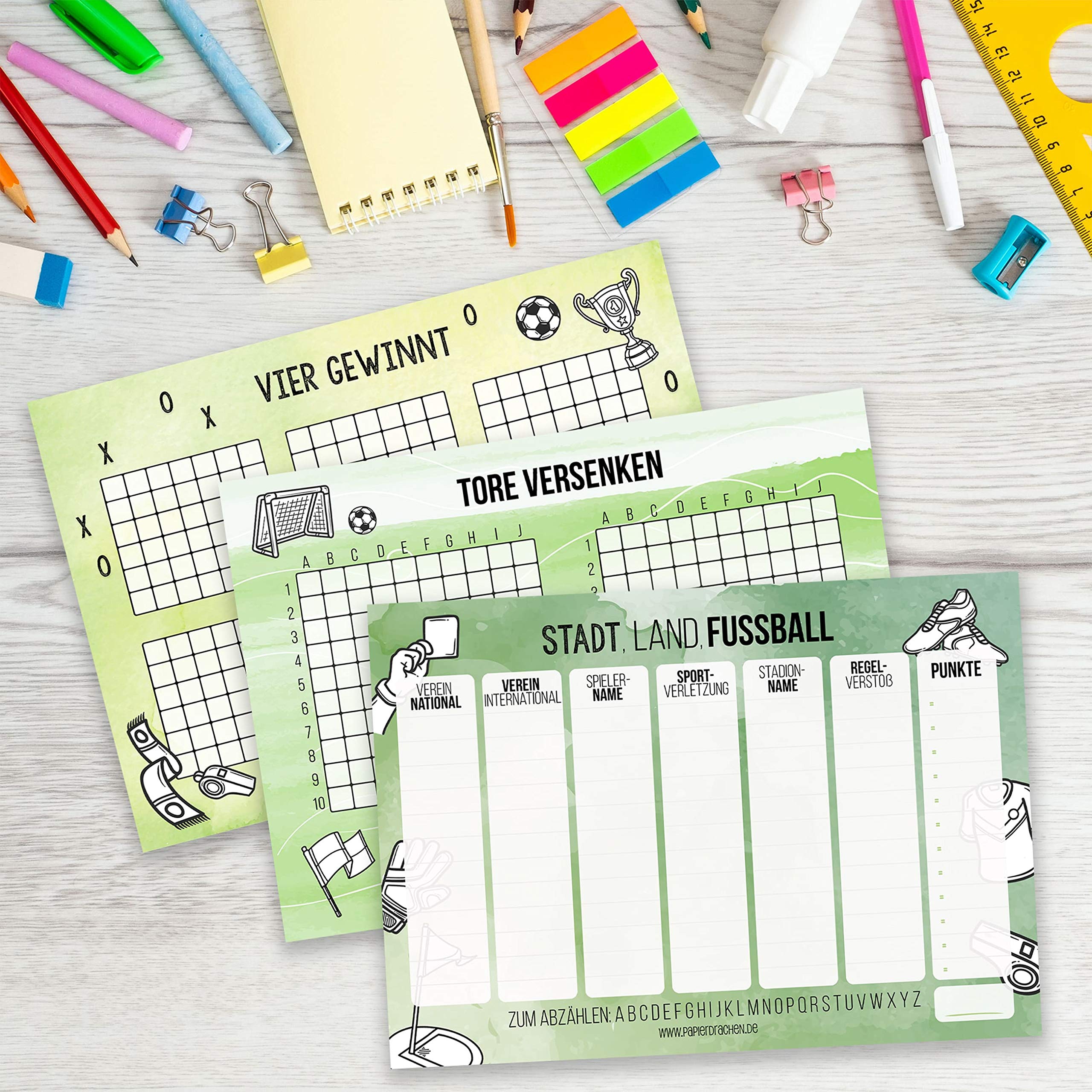 Papierdrachen 3 Play Blocks for Children and Adults: City Country River, Ships Sink, Four Win - for Train and Car Ride - 50 Sheets Each - City Country Football - Travel Game - 3 DIN A5 Pads - Image 2