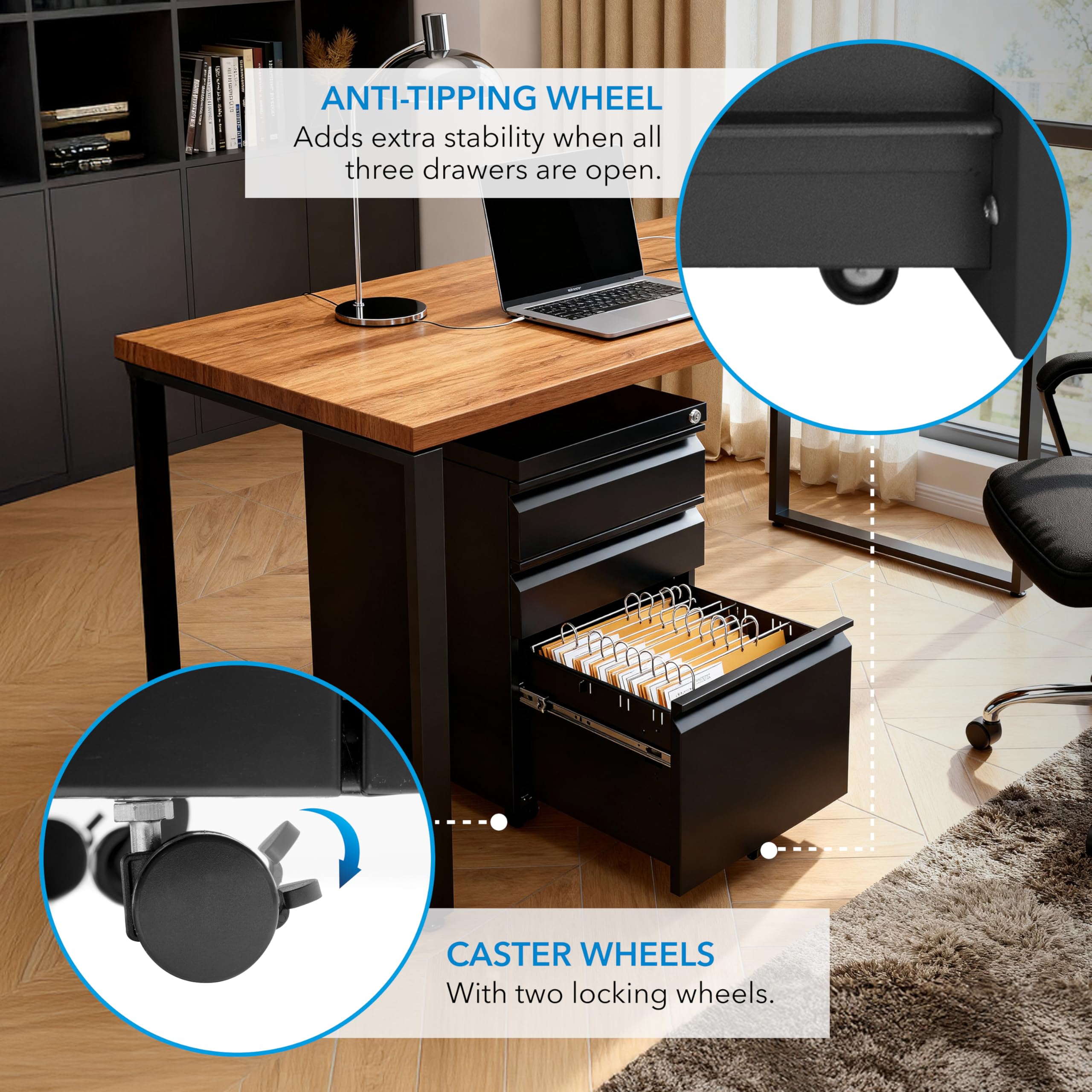 Mount-It 3 Drawer File Cabinet with Lock and Wheels Heavy-Duty Steel Rolling Drawer Cabinet Fully Assembled Under Desk — view 5