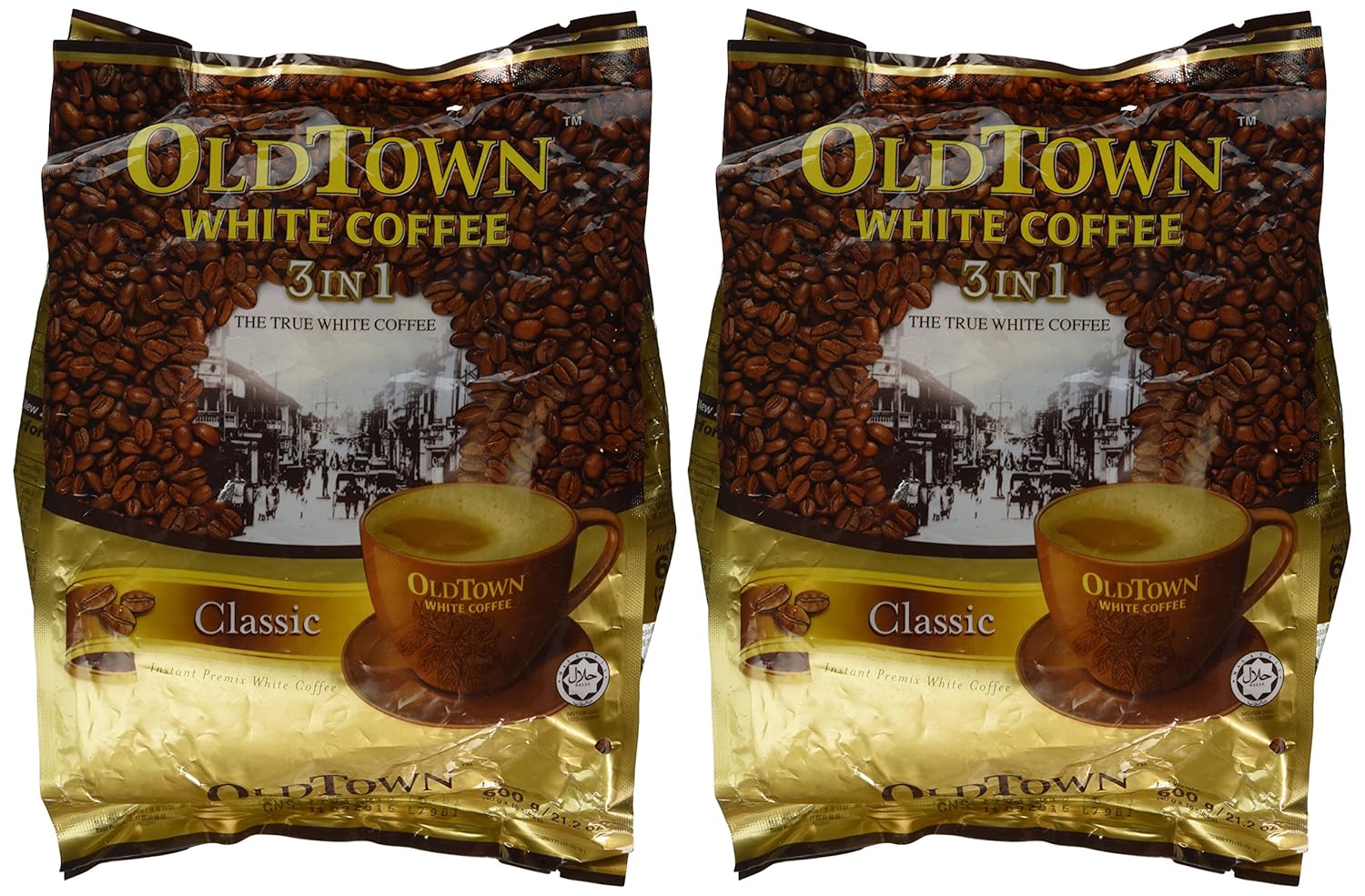 Old Town Instant White Coffee 3 in 1 Variety Pack, 2 Bags (Classic & Hazelnut, 21.2oz/600g Per Bag)