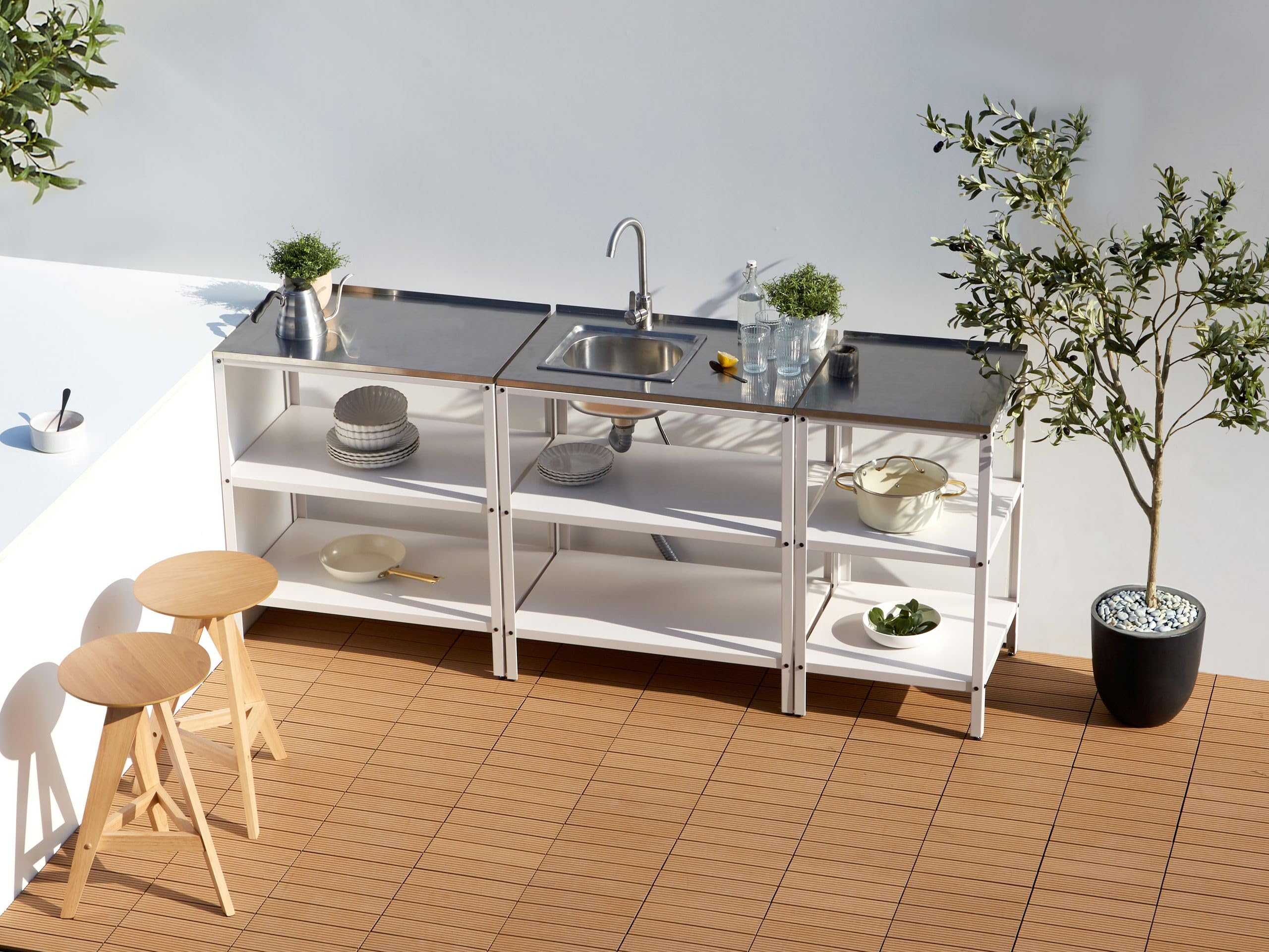 Beliani Isola da Giardino per Esterni Mensole per Cucina Piano in Acciaio Inox Bianco