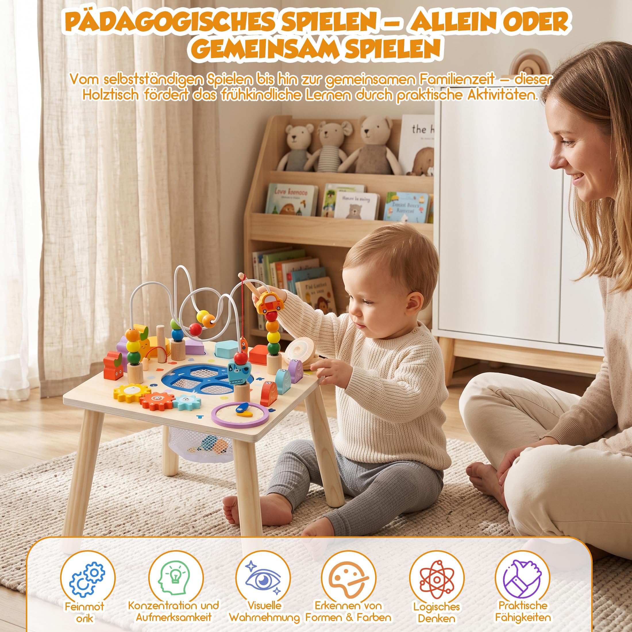 Montessori Spieltisch ab 1 Jahr aus Holz, 12-in-1 Spielzeug Jungen Mädchen