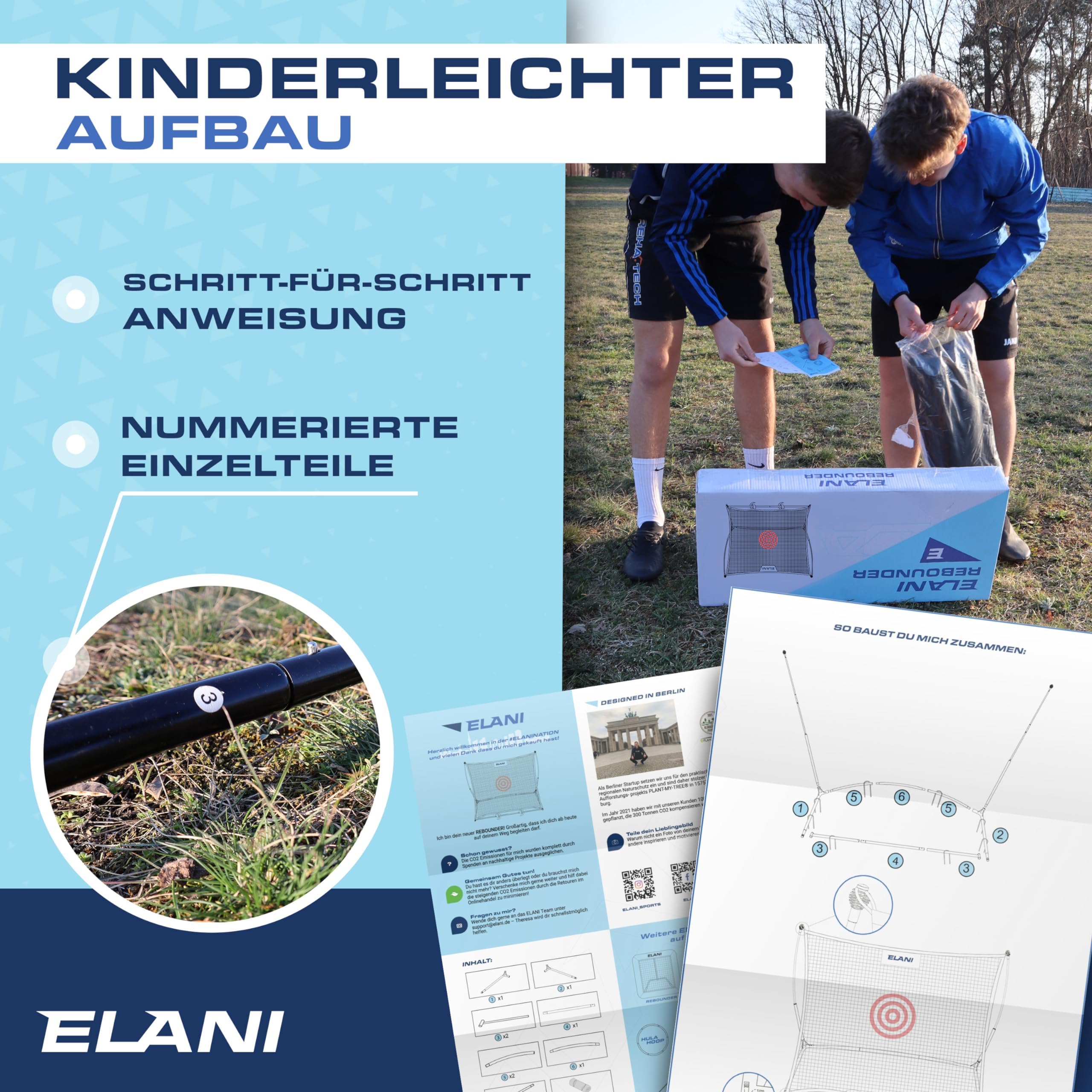 ELANI - Rebounder 2x2m - extra groß mit Zielring & 8 Heringen für sicheren Stand - Fussball Rebounder mit stabilem Rahmen - Fußball-rebounder, Handball Tor, Bouncer Fussball, Ball Trampolin