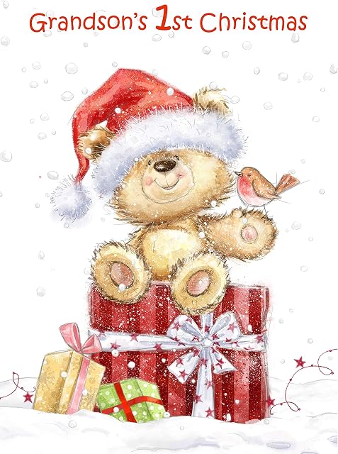 Doodlecards Grandsons 1st Christmas Card Cute Bear with Parcels - Medium Size