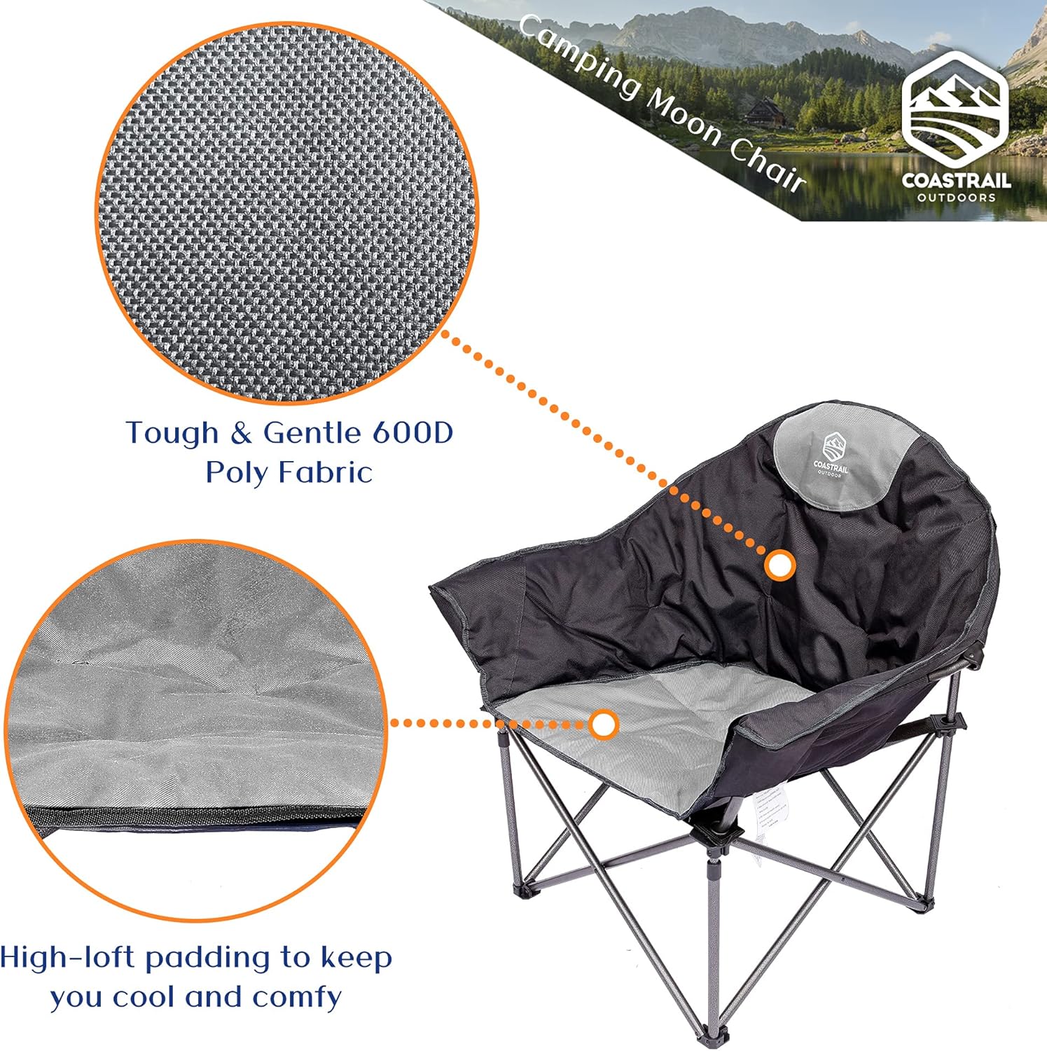Coastrail Outdoor Oversized Padded Camping Chair Round Moon Saucer Folding Chair Outdoor Club Chair with Cup Holder, Supports 350lbs,Black&Grey,Compact : Everything Else