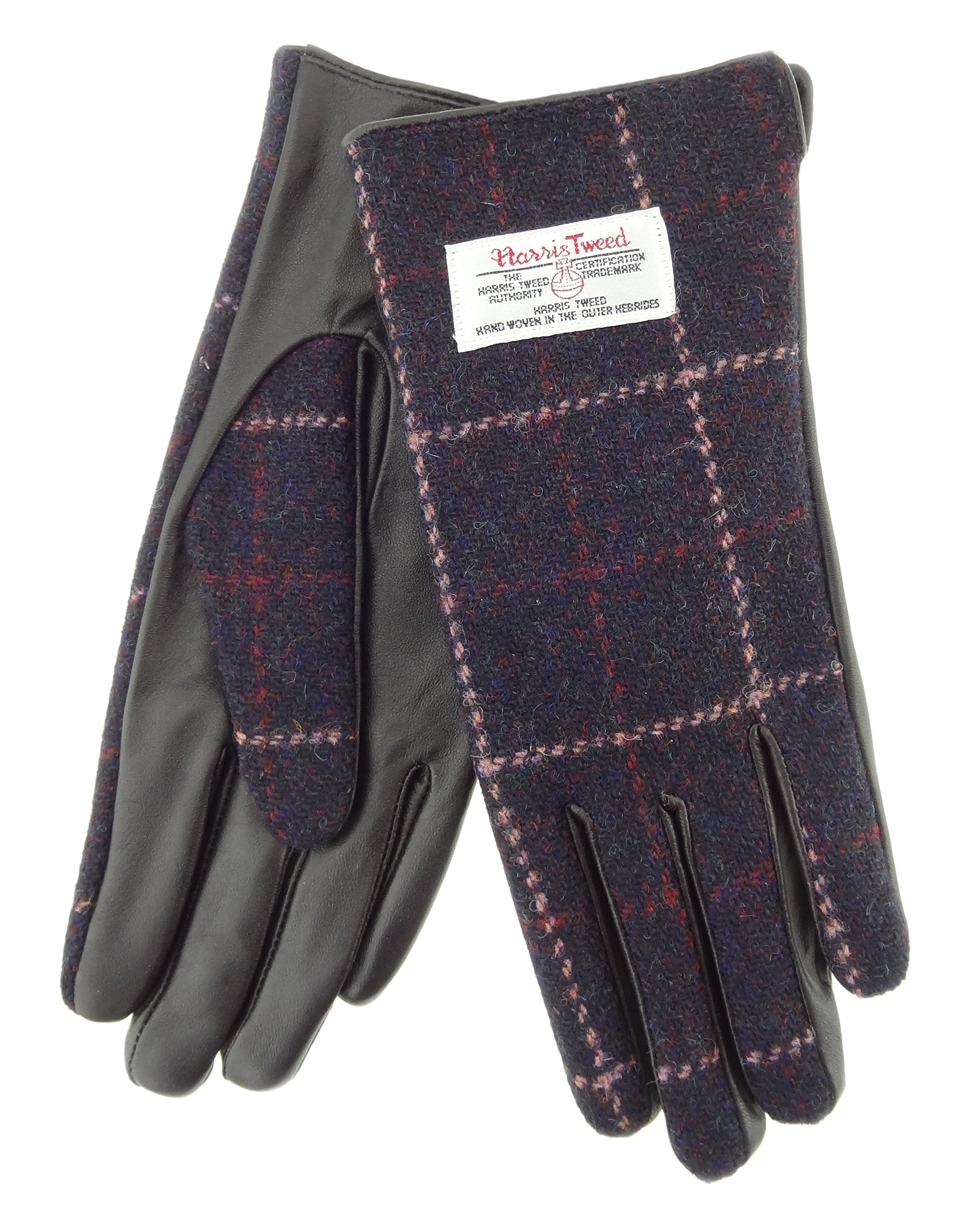Glen Appin Women's Wine/Pink Overcheck Brown Leather And Authentic Harris Tweed Gloves Col 39 (Large)