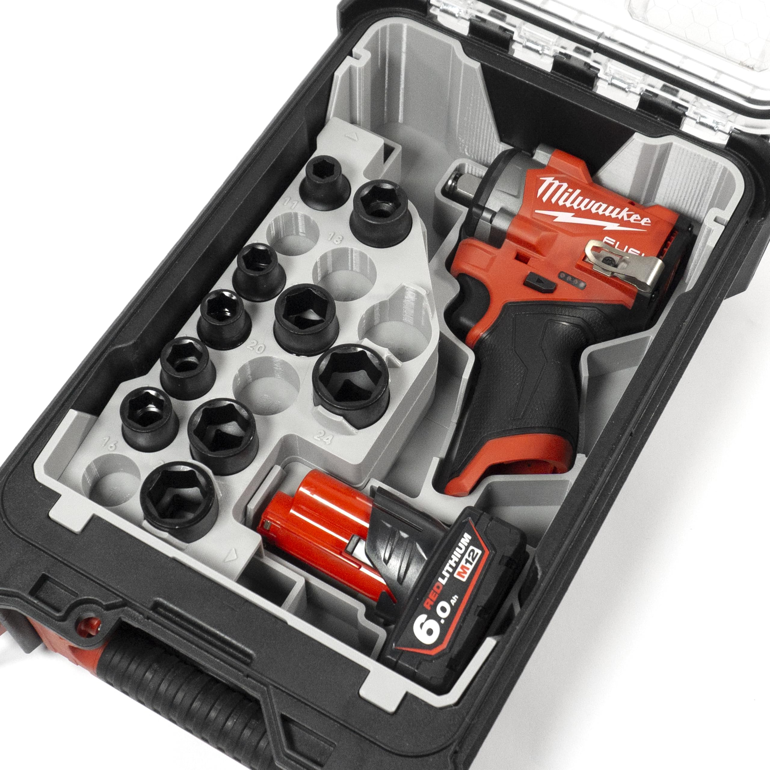 Taca na wkładkę kompatybilna z Milwaukee M12 1.3 cm Compact Stubby Impact Driver FCIWF12G3, 2563-20, gniazda metryczne 10-24 mm i organizer PACKOUT (szara, płytka taca i organizer)