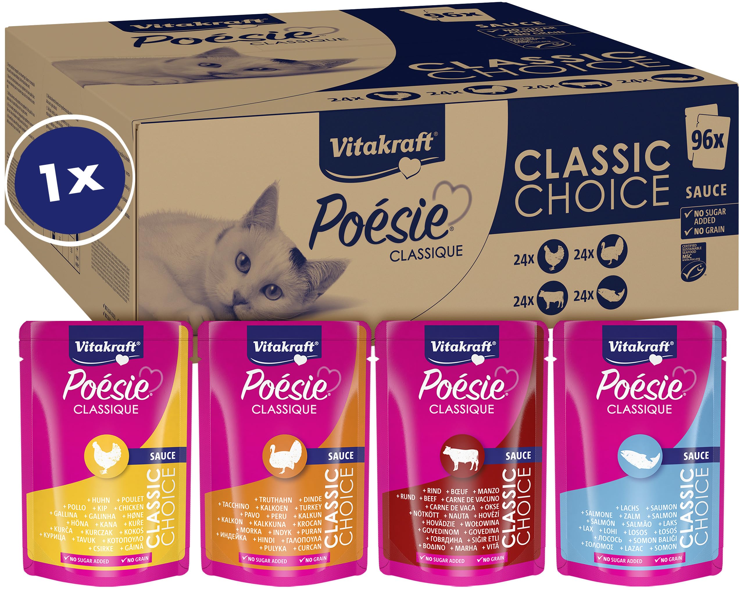 Vitakraft Poésie Classique, Vorratspackung, Nassfutter Katze, Katzennassfutter in Sauce, mit Huhn, mit Truthahn, mit Rind, mit Lachs, ohne Zusatz von Zucker und Getreide (1 Paket mit 96x 85g)
