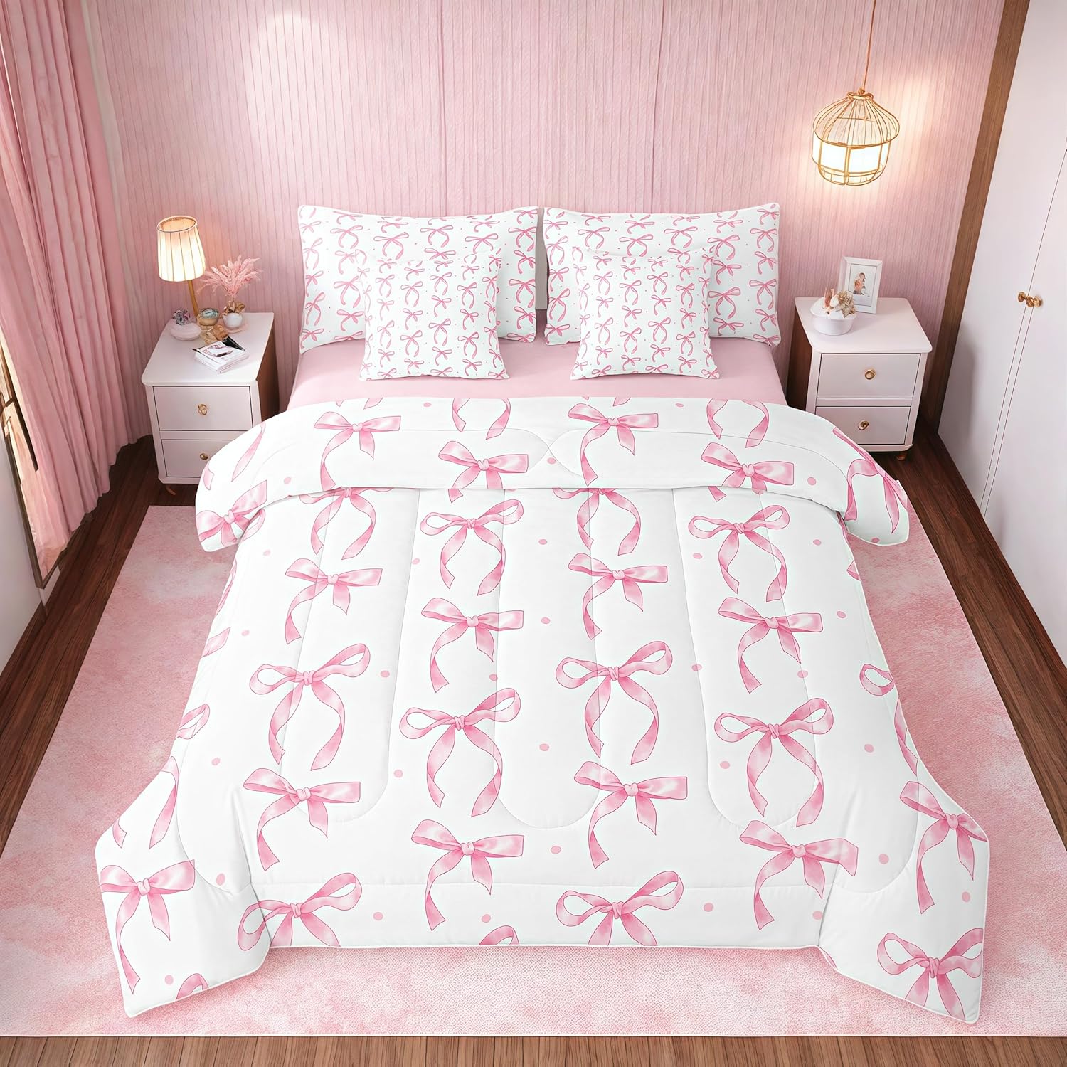 Erosebridal Cute Pink Bow Comforter Set Twin Bed in a Bag,Bowknot Princess Bedding Set for Girls Kids,Ribbon Pink Bow Knot Bed Set 7 Piece with Fitted+Flat Sheet,Pillowcases,Throw Pillow Covers