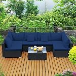 Tangkula 7 Ensemble de meubles de patio, canapé sectionnel extérieur avec/piles et coussins, ensemble de conversation de canapé en osier avec table de café, canapé patio et plateau de thé pour jardin, pelouse (rouge)
