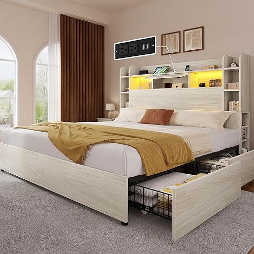 YITAHOME Base de cama tamaño Queen con cabecera de estantería y 4 cajones de almacenamiento, marco de cama LED RGB con estación de carga tipo C y