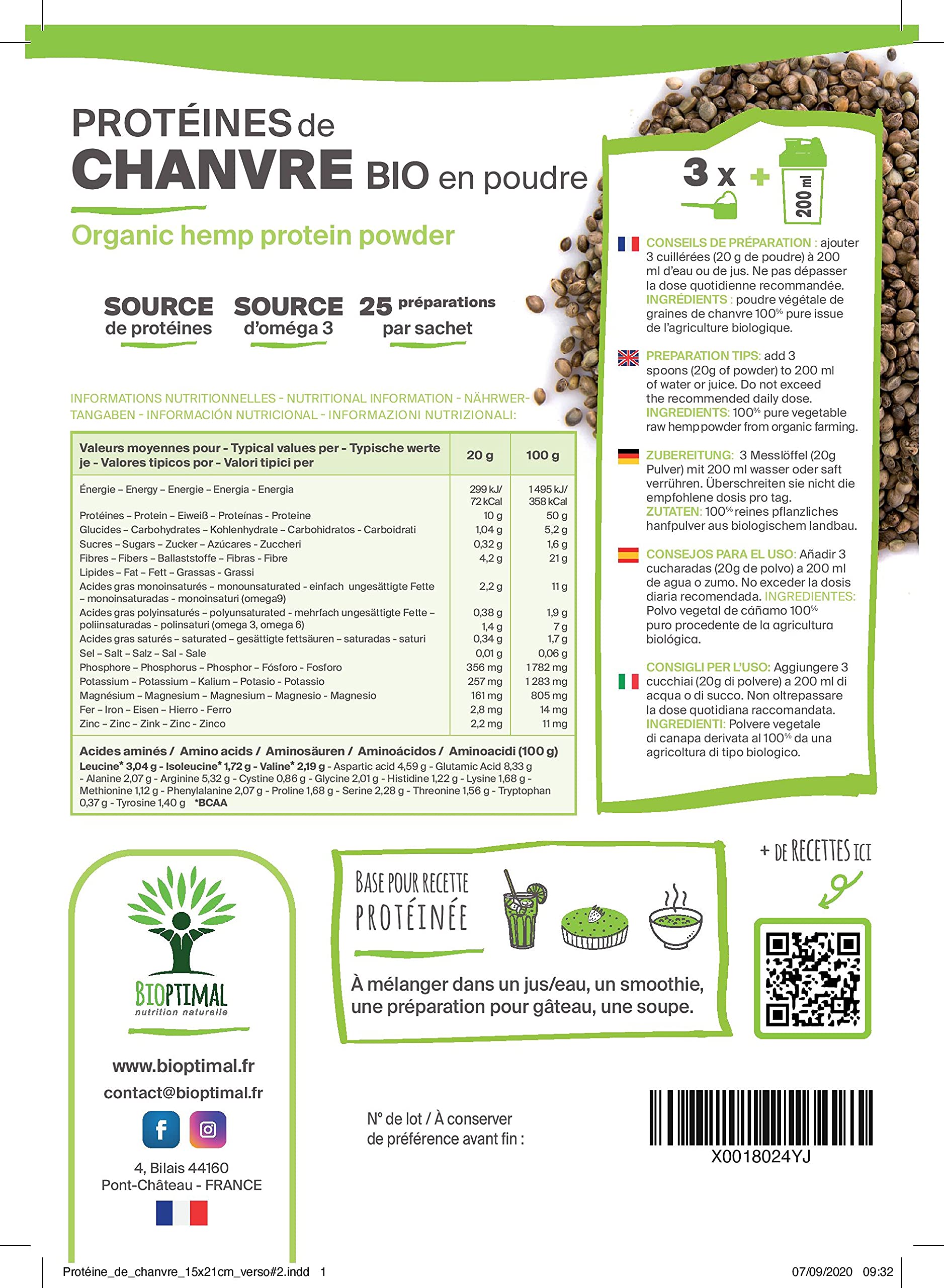 Protéine de Chanvre Bio - Bioptimal - 50% de Protéines - BCAA Oméga 3 Fibres - Poudre de Graine de Chanvre Crue - Cultivé en Europe - 100% Pur - Conditionné en France - Certifié par Ecocert - 500 g