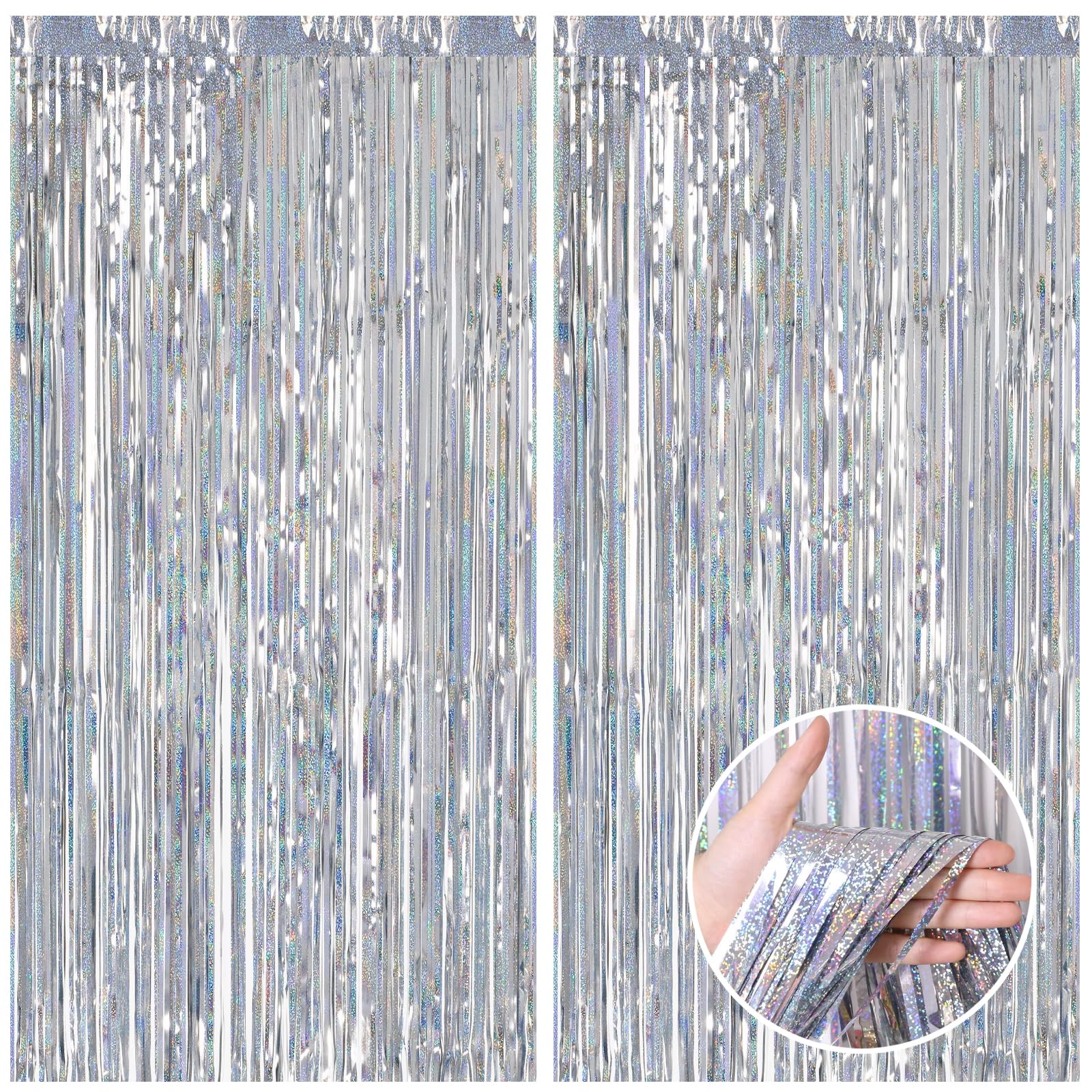 CANREVEL 2 Pack 3.3x8.2 Feet Laser Silver Foil Fringe Backdrop Curtains, Tinsel Streamers Birthday Party Decorations, Fringe Backdrop for Graduation, Baby Shower, Happy New Year, Disco Party