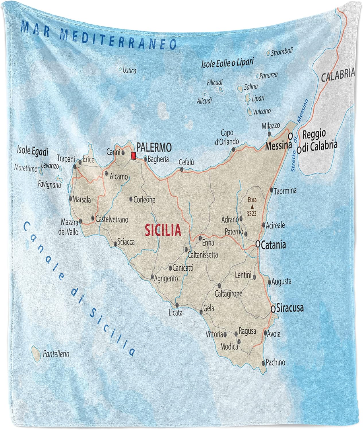 Lunarable Sicily Throw Blanket, Geographic Map of Mediterranean Island Showing Local Settlements and Roads, Flannel Fleece Accent Piece Soft Couch Cover for Adults, 60" x 80", Pale Blue Eggshell