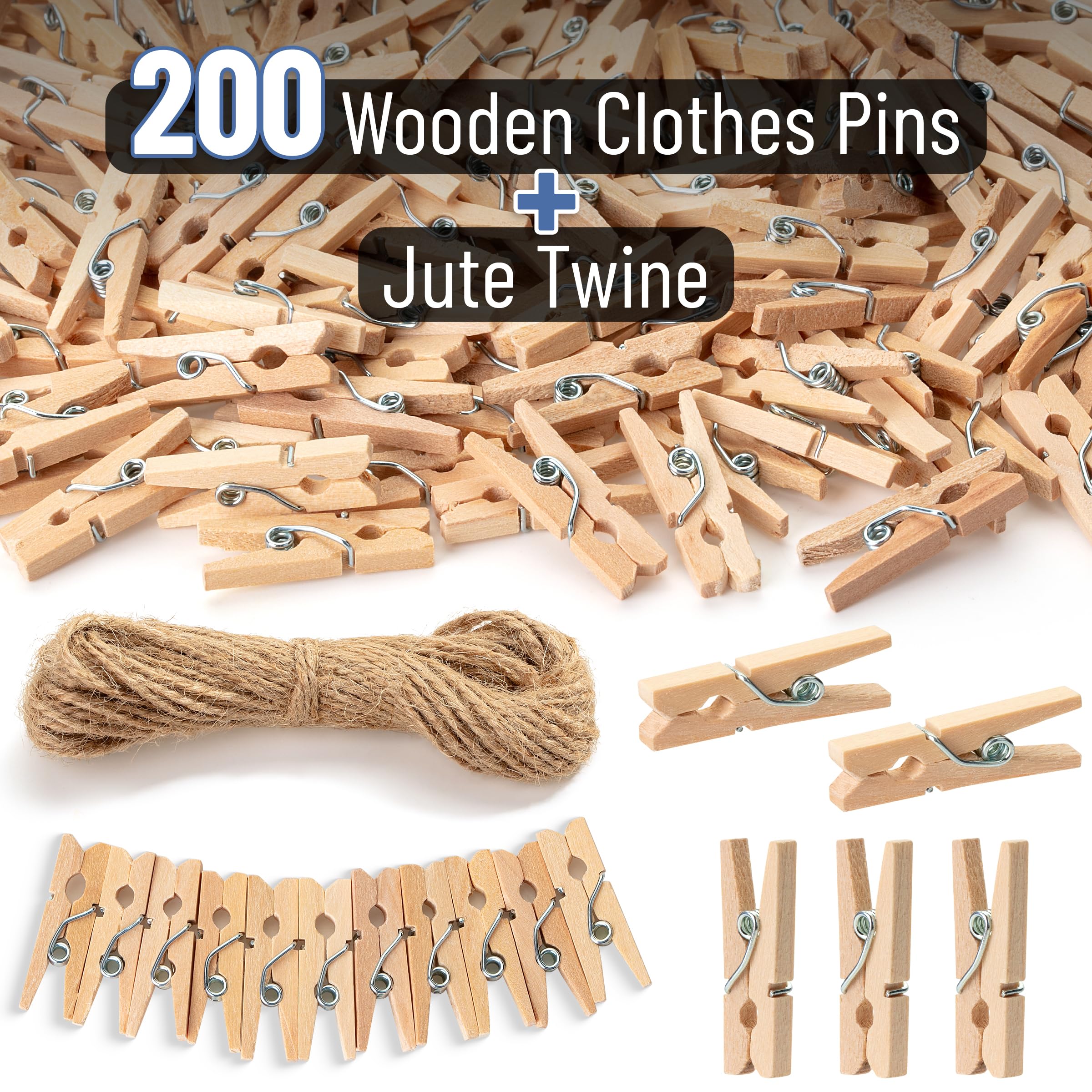 200 Pinces à Linge Miniatures En Bois - Pour Déco Photo, Mariage, Bricolage | Avec Corde De Jute 10m