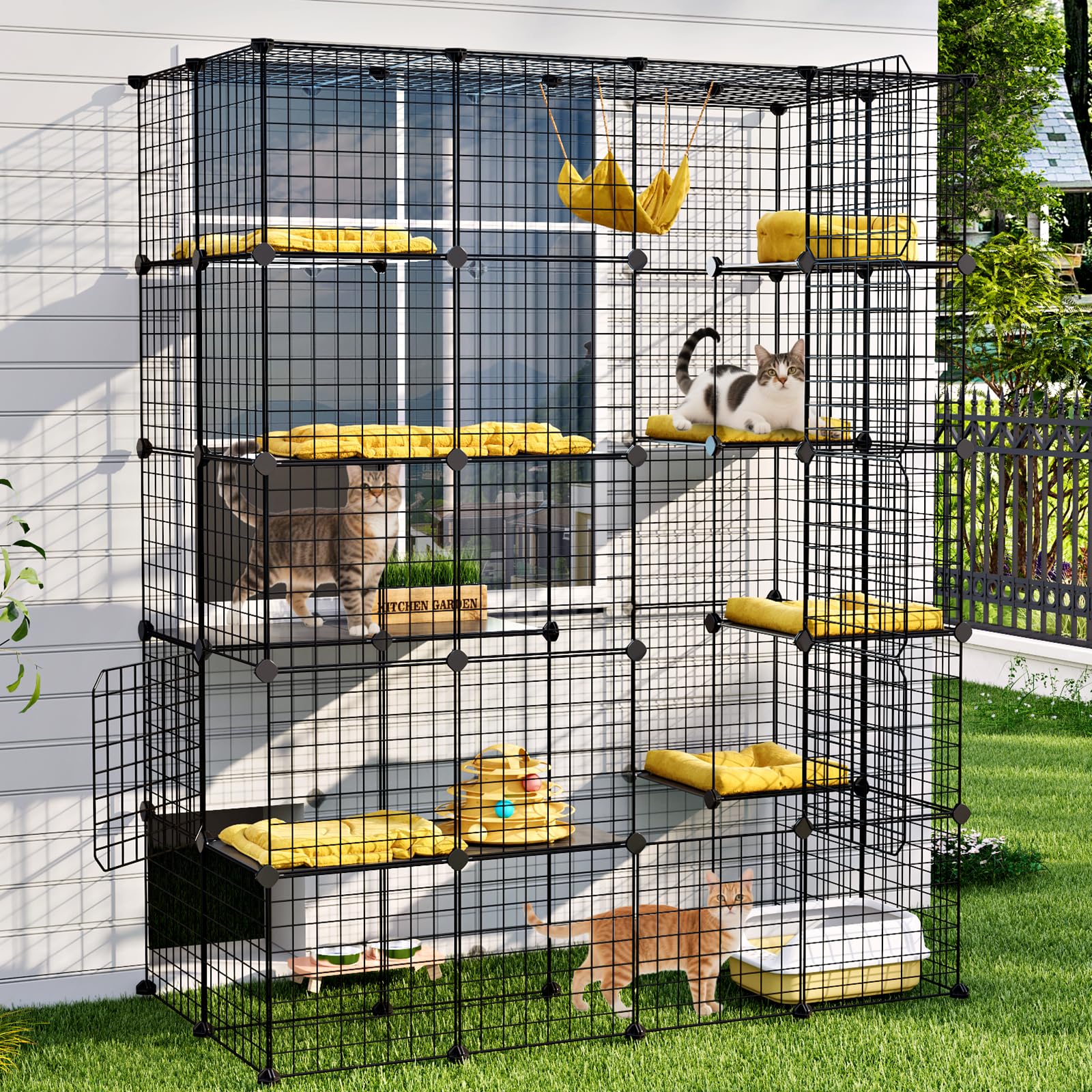 Oneluck Large Outdoor Cat House Catio Enclosure, DIY Cage Kennels Crate Spacious Exercise Place Ideal for 1-6 Cats, 55.1" L x 28.7" W x 69.8" H Balcony Playpen with 16 Platforms Super Large Door