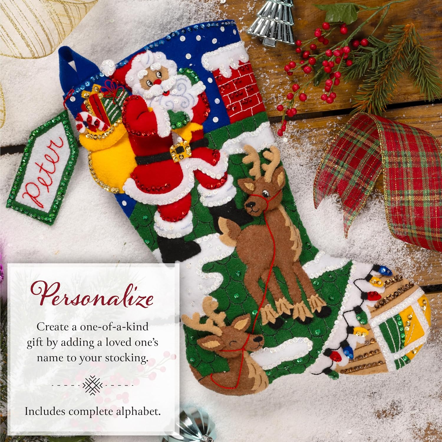 Bucilla Felt Applique 18" Stocking Making Kit, Rooftop Santa, Perfect for DIY Arts and Crafts, 89626E
