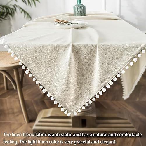 Miniatura 5 de DriftAway Mantel decorativo con borlas y pompones, de lino, rectangular, texturizado, para interiores y exteriores, comedor, buffet, cena, 55