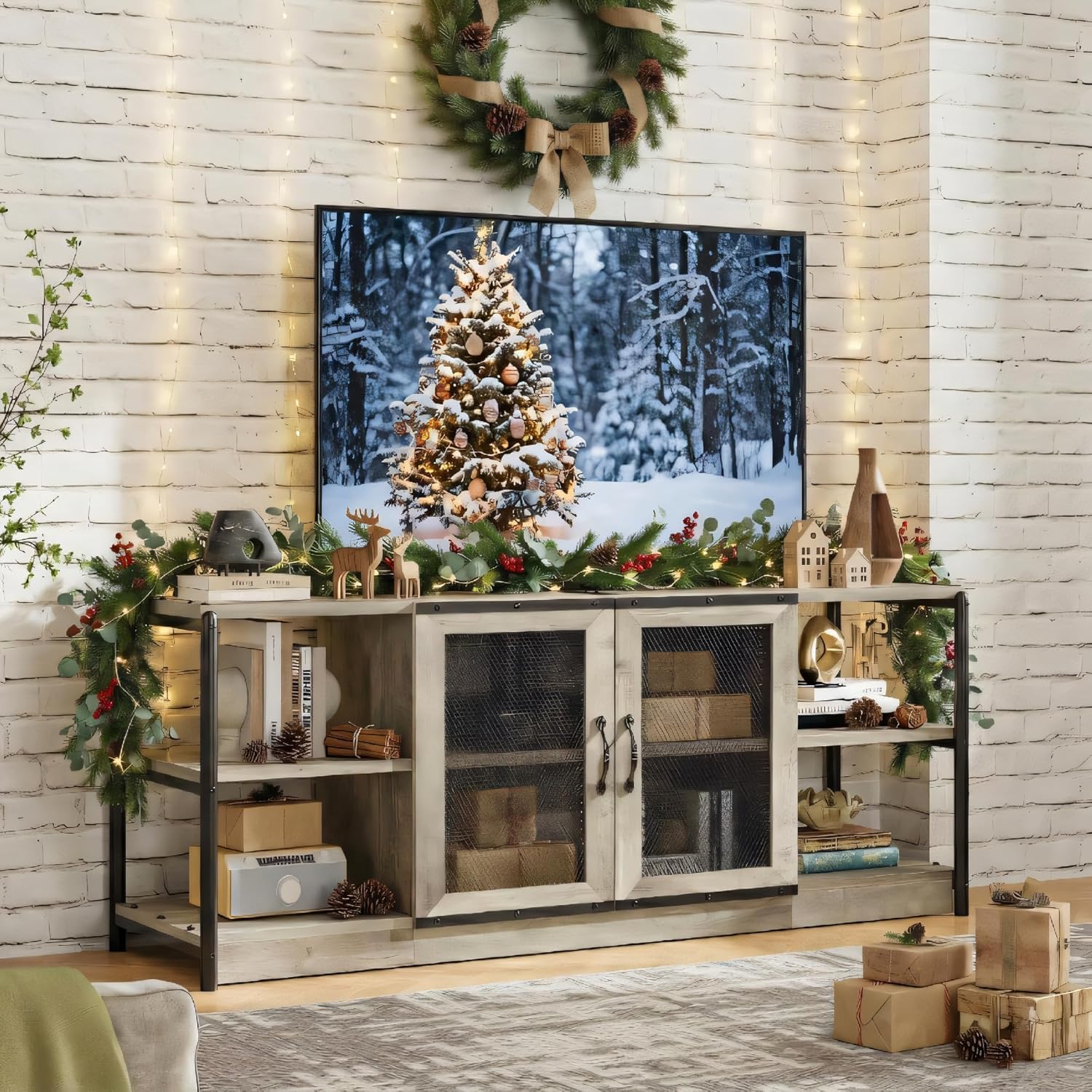 IDEALHOUSE Farmhouse TV Stand for 65/75 Inch TVs, Vintage TV Cabinet with 2 Mesh Doors and 4 Open Shelves, Rustic Entertainment Center for Living Room, Bedroom