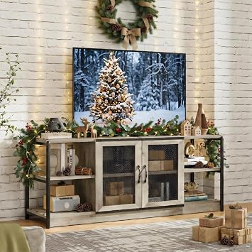 IDEALHOUSE Farmhouse TV Stand for 65/75 Inch TVs, Vintage TV Cabinet with 2 Mesh Doors and 4 Open Shelves, Rustic Entertainment Center for Living Room, Bedroom