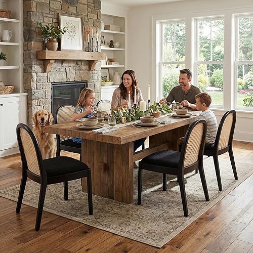 Miniatura 17 de DUOMAY Mid-Century - Juego de 2 sillas de comedor de ratán modernas, sillas de comedor de madera con respaldo de caña y asiento acolchado, silla de