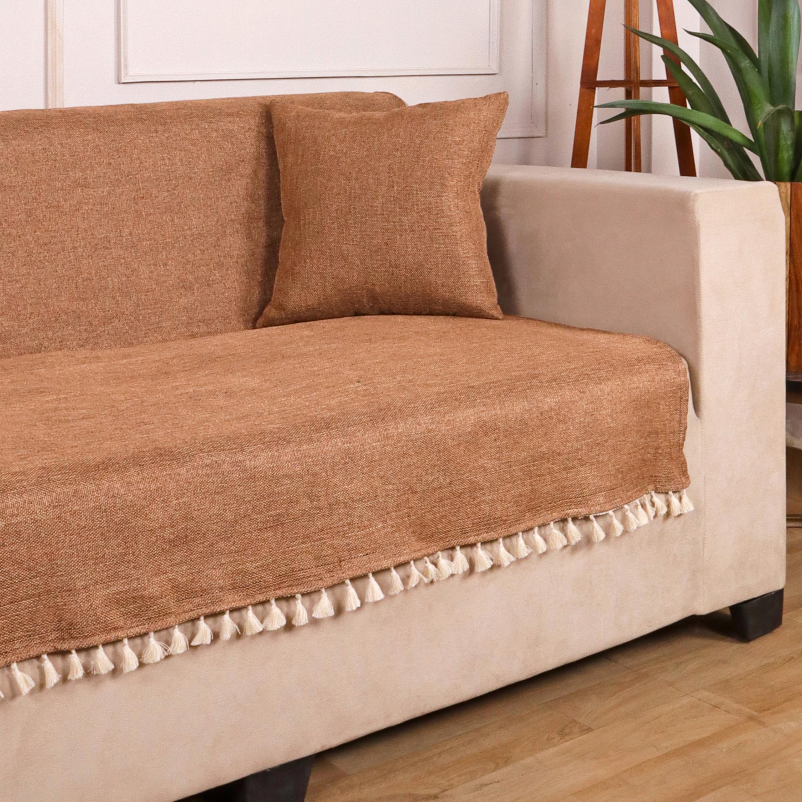 STITCHNEST Jute Sofa Seat Cover – Brown, 70x60 Inch | Soft Textured Fabric with Tassel| Full Coverage Sofa for Living Room Décor