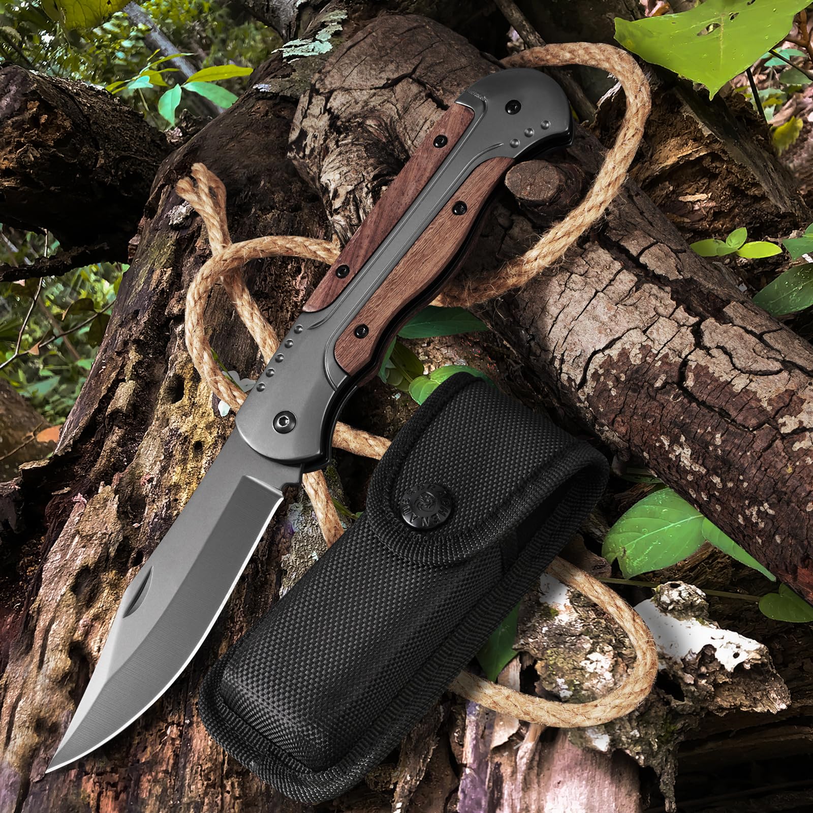 DRACHENADER Zweihand Klappmesser A-11, Zweihandmesser 42a Konform, Zweihandmesser aus 420C-Stahl, EDC Taschenmesser mit Clip und Nylon-Tasche, Holz und Aluminiumgriff