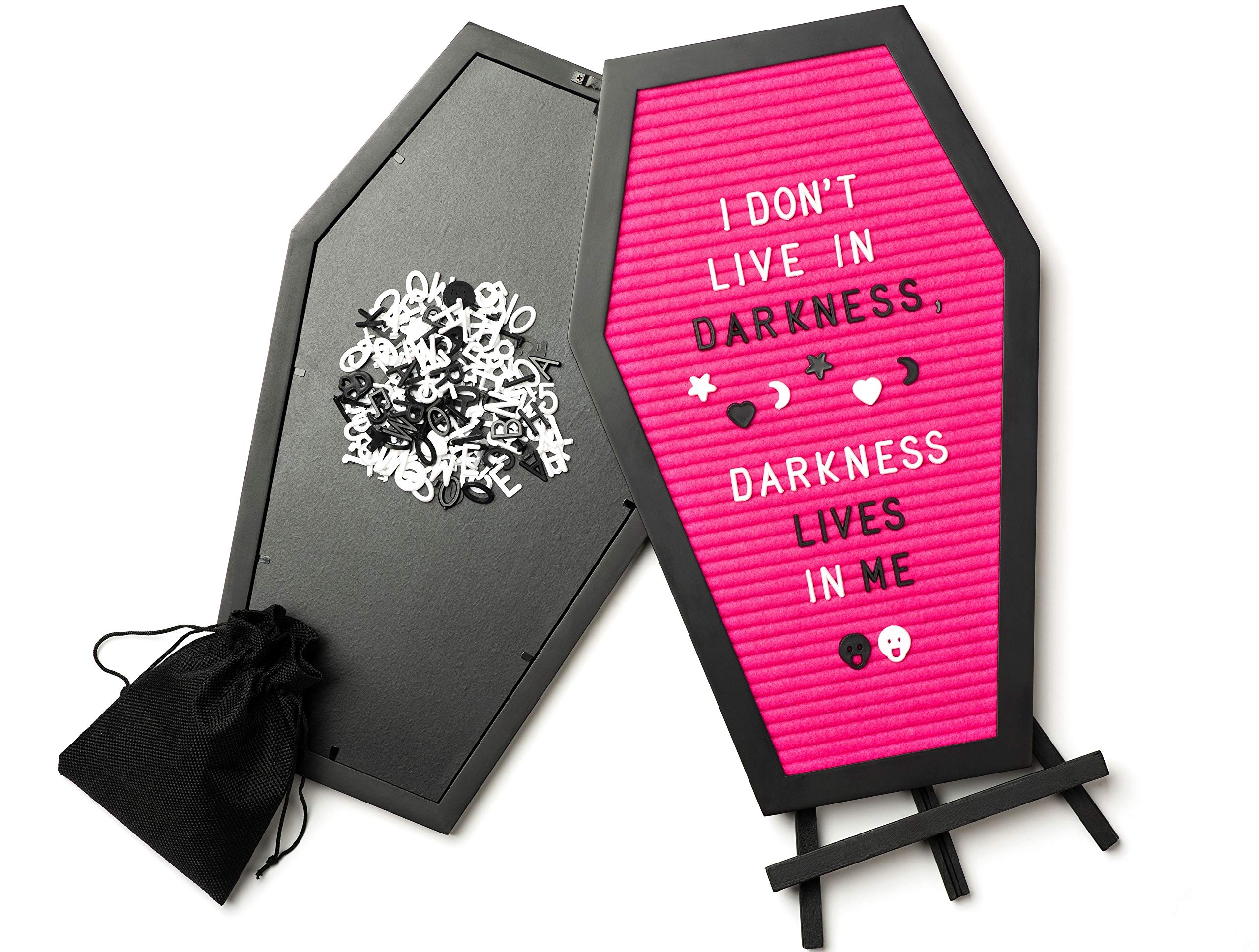 Coffin Letter Board +3D Bat Stickers +650 Characters, Spooky & Seasonal Emojis, Wooden Stand - 17x10.5 Inches - Coffin Shaped Goth Decor Sign Witchy Halloween Decorations Gothic Decor Birthday Wedding Home Spooky Gifts: Pink