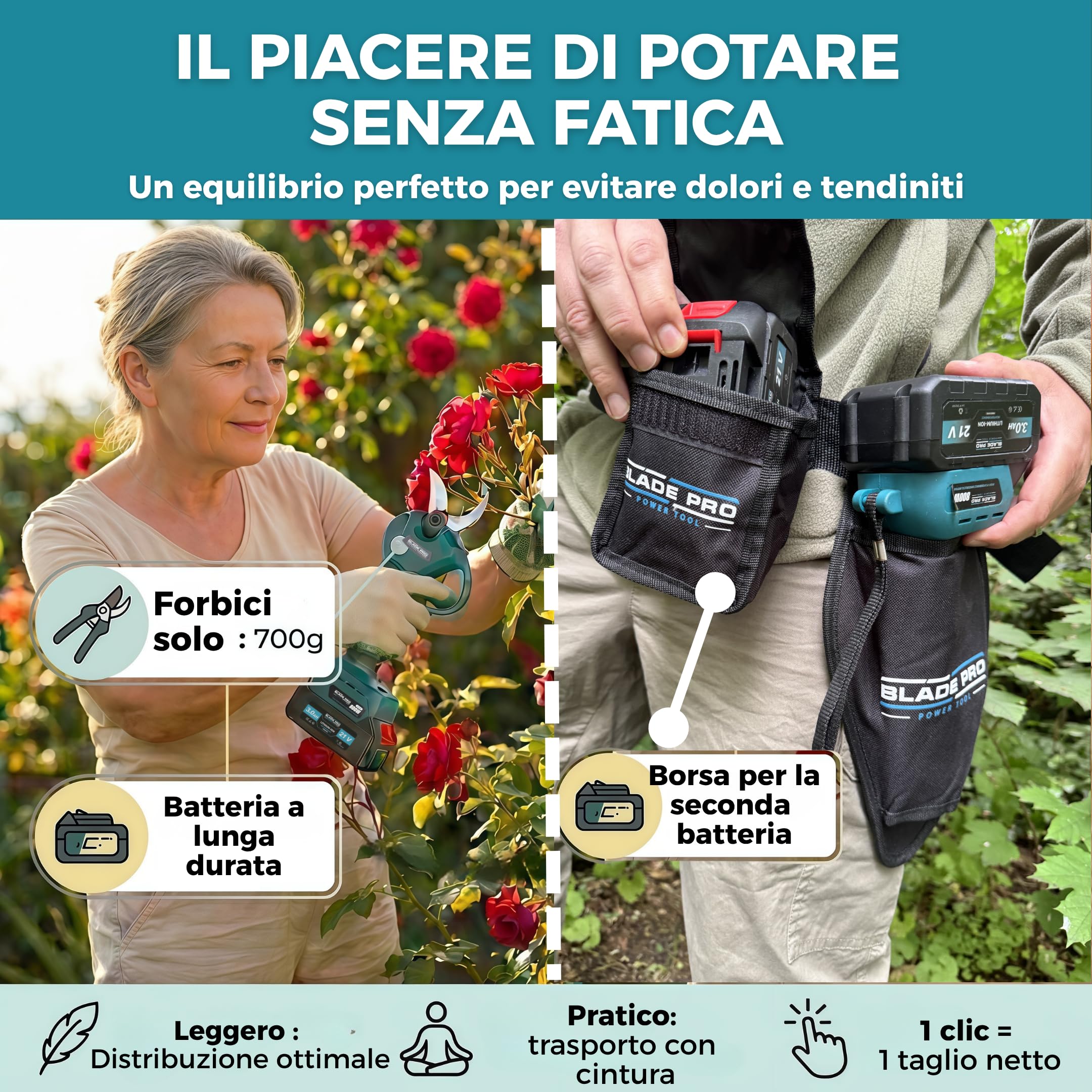 Forbici Potatura a Batteria 6000mAh Brushless fino a 40mm — Cesoie a Batteria Professionali — 2 Batterie 21V — Lama SK5 — Kit Completo 10 Pezzi BLADEPRO