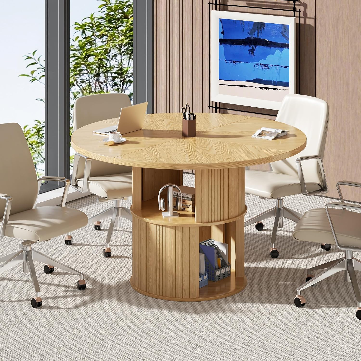47-Inch Round Conference Table for 4-6 People, Modern Wooden Meeting Table with Storage Tiers & Fluted Panel for Office, Conference Room, Small Space (Wood Color)