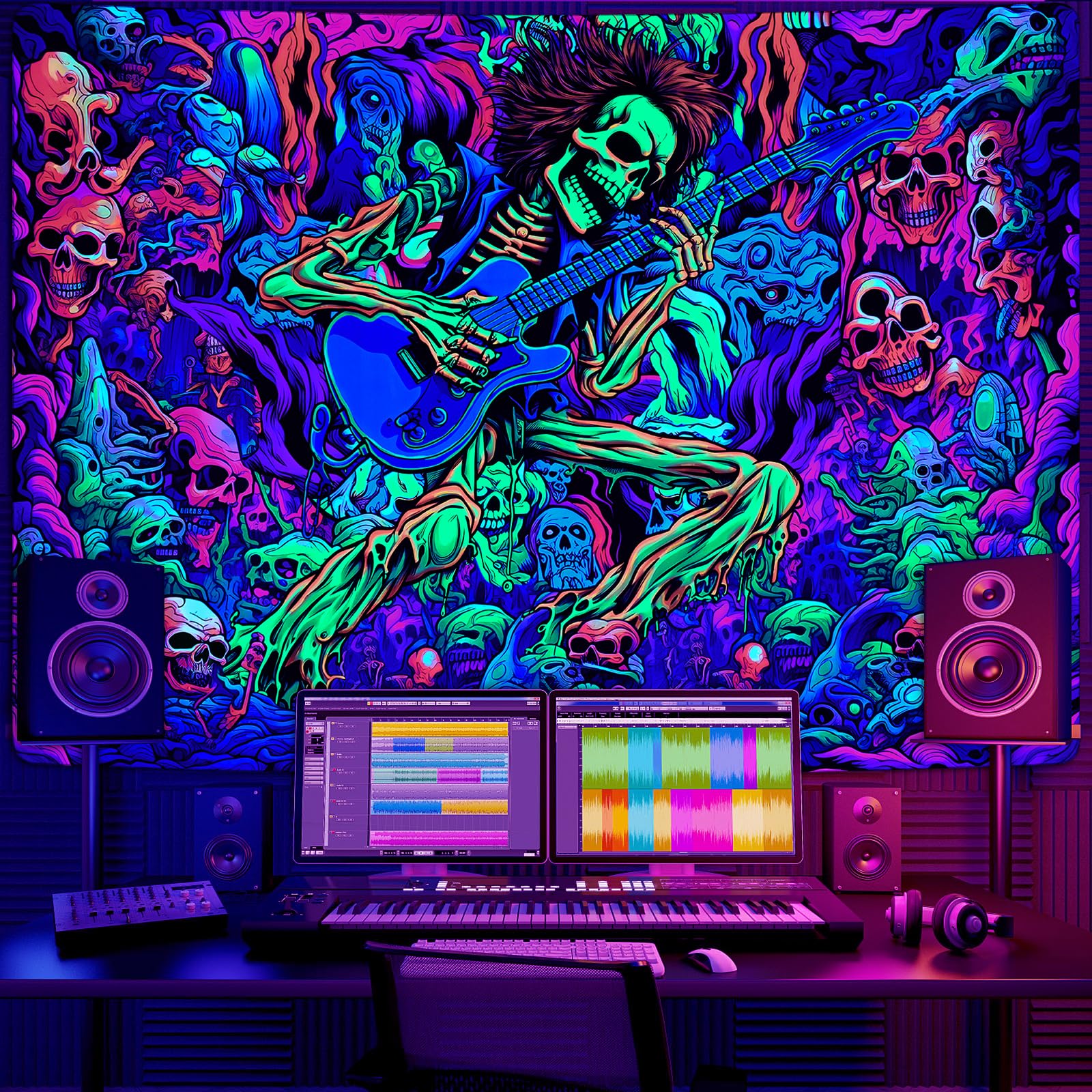 Onivein Schwarzlicht-Wandteppich – UV-reaktiv Mit Totenkopf, Pilz & Wald – 180 X 229 Cm – Für Zimmerdeko & Party