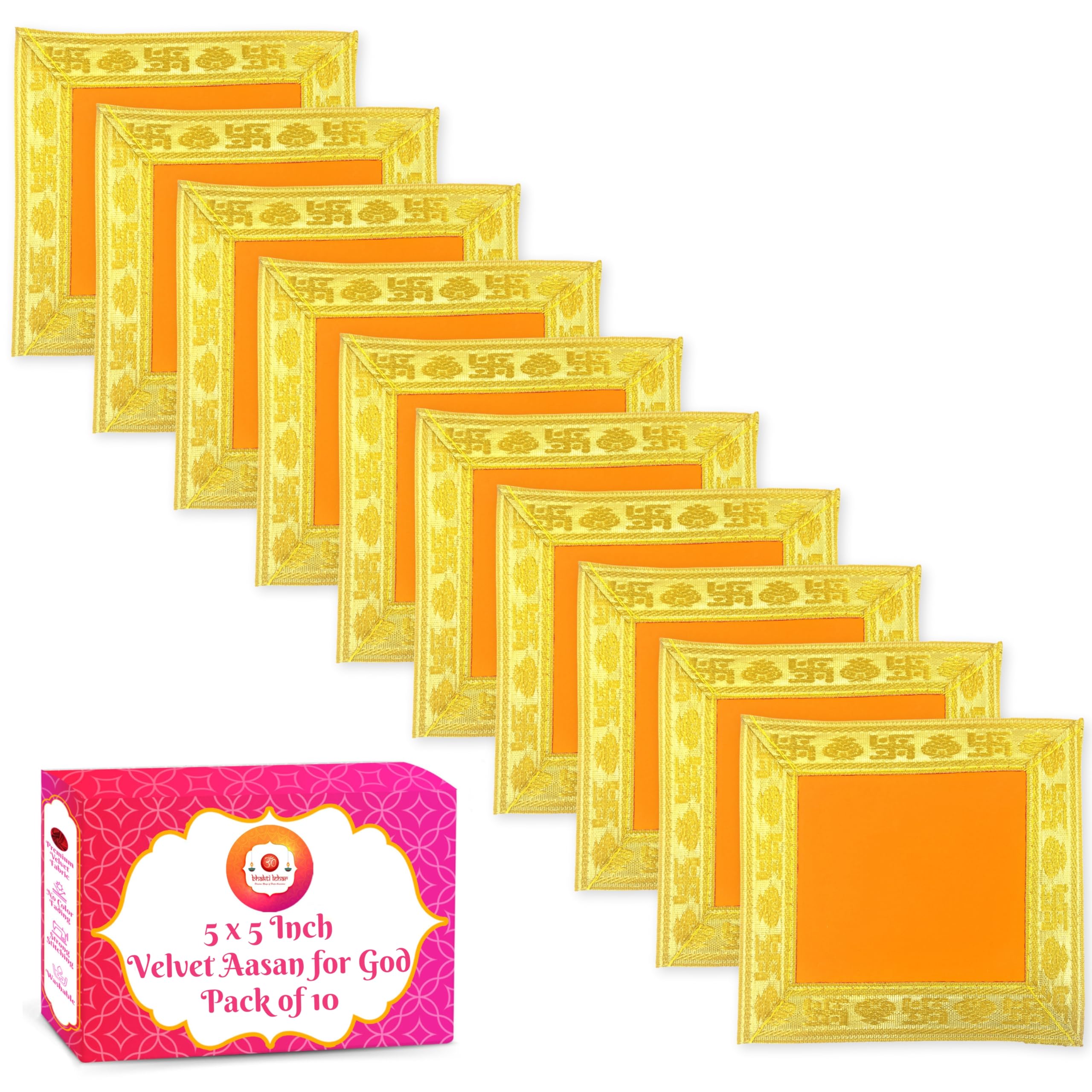 Bhakti Lehar (5 x 5 Inch) Small Size Orange Velvet Pooja Aasan for God Idol/Chowki Aasan Kapda Cloth for Temple Shelf Home Mandir, Ganesh Baithak and God Idol Sitting - Pack of 10-image-45