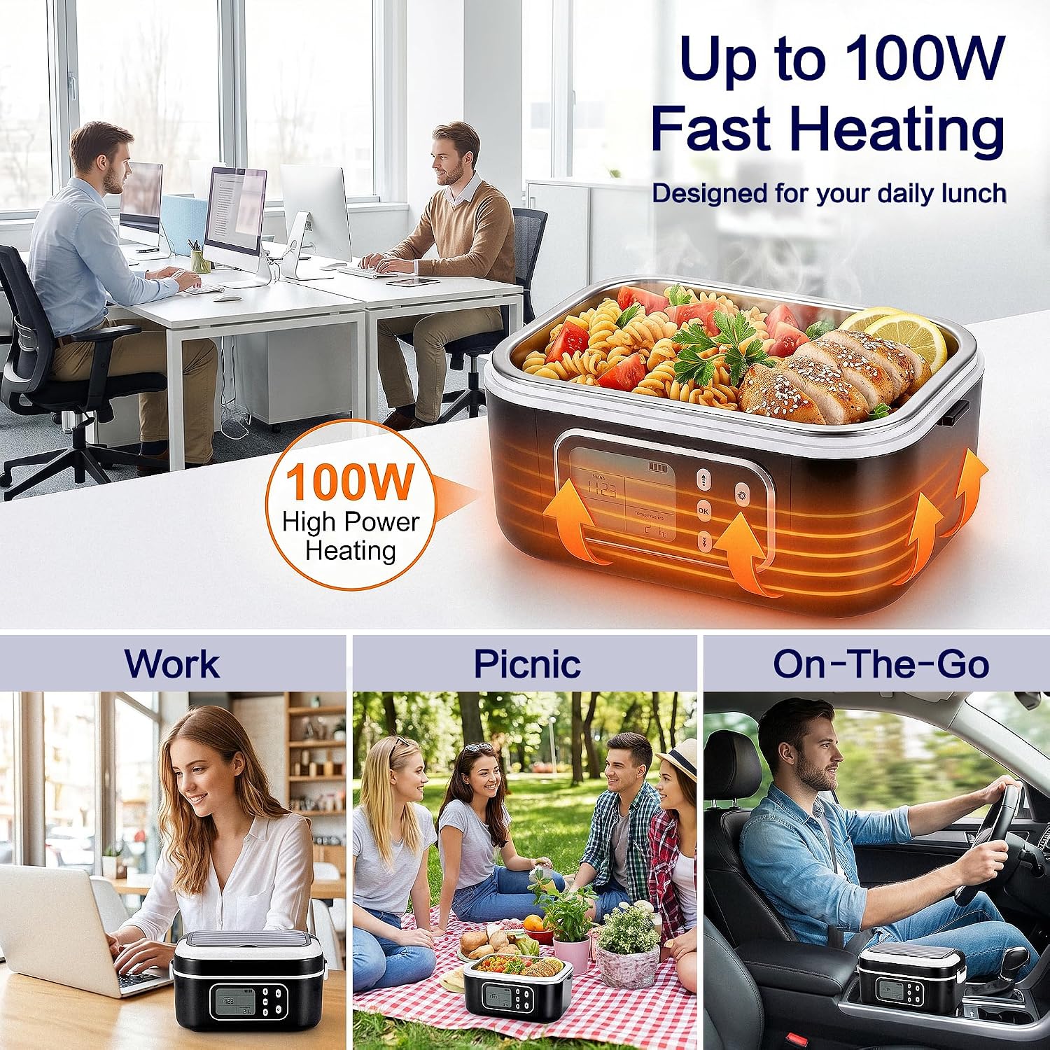 Sxuge Heated Lunch Box 1.5L/6.3 Cups Electric Cordless Warming Lunch Box | Rechargeable, 27000mAh, 100W Self-Heating Portable Food Warmer for Men, Women, Adults, Office, Truck, Outdoors