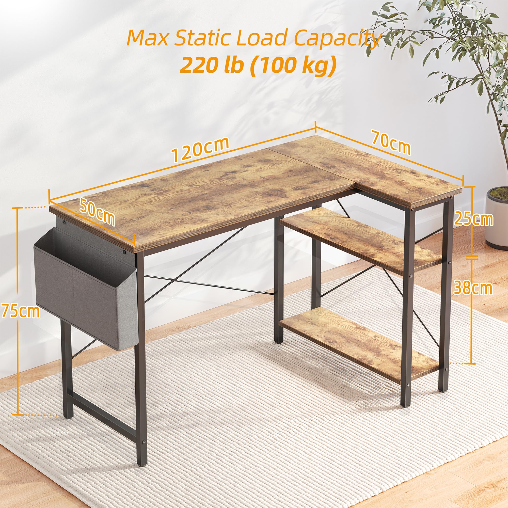 BEXEVUE Bureau de jeu en forme de L avec sac de rangement, petite table d'écriture avec grandes étagères de rangement réversibles, poste de travail pour étude, jeux, travail, bureau à domicile, marron